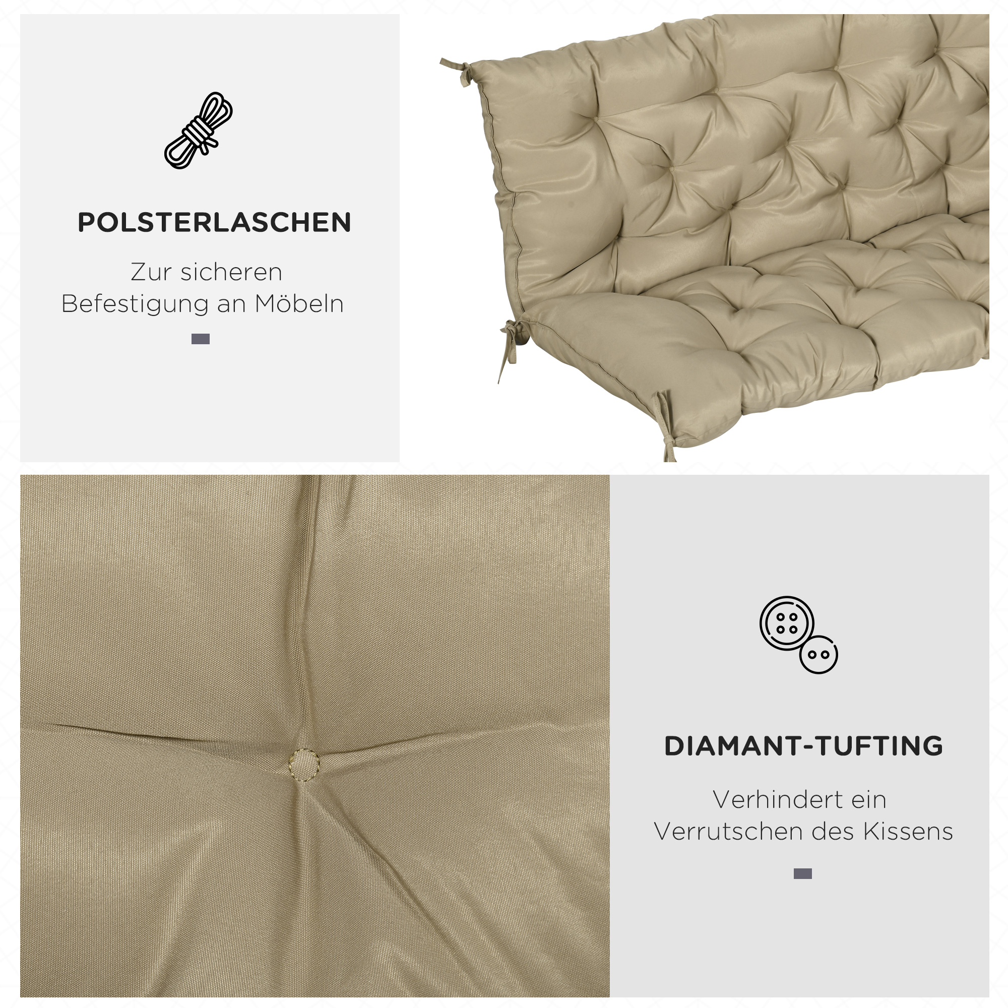 3-kohaline pingipadi 150x98x8 cm, pingipadi paeltega, aiamööbli pingipadi, Hollywood kiik, khaki