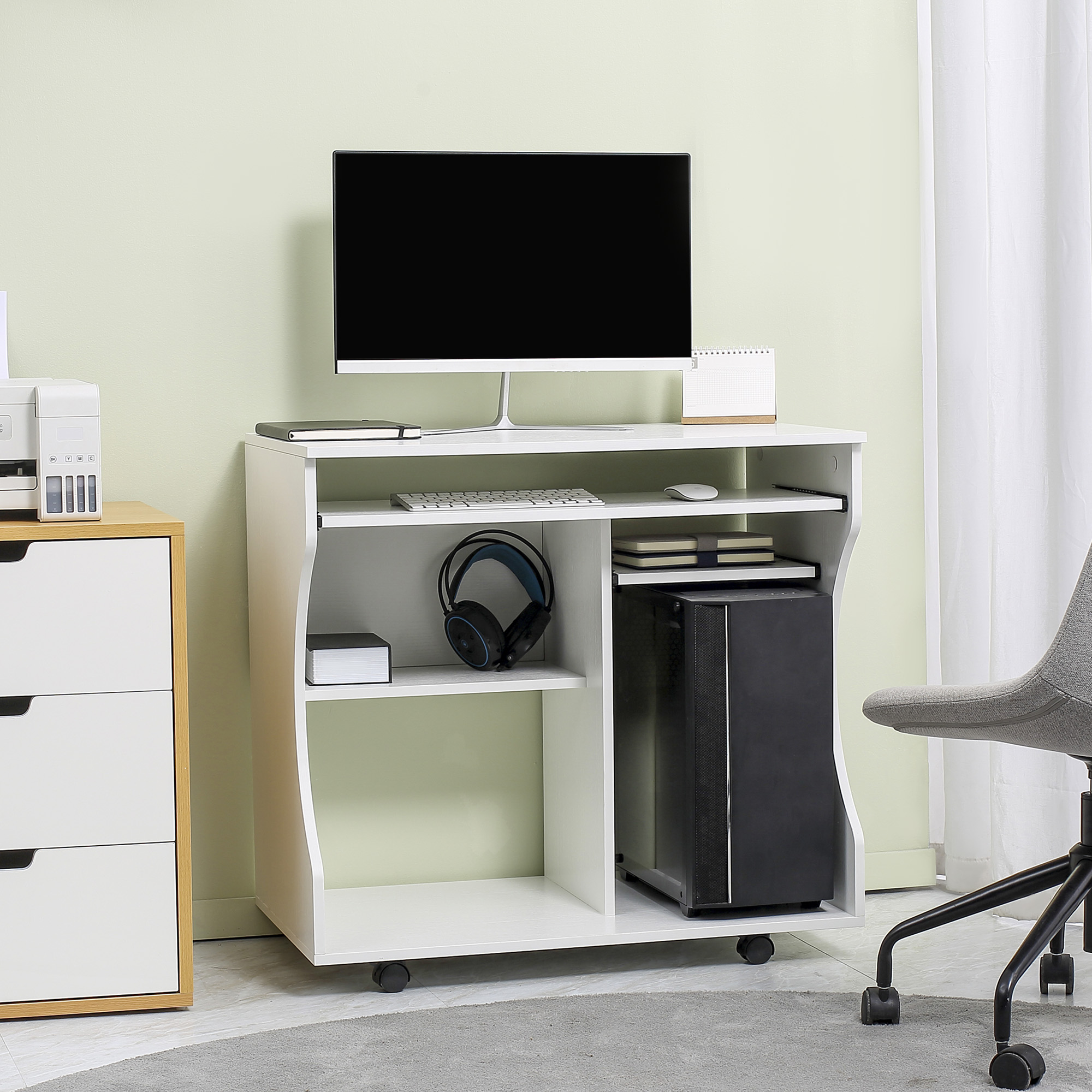 HOMCOM Multi-Storage Compact Work Desk, with Wheels White 2