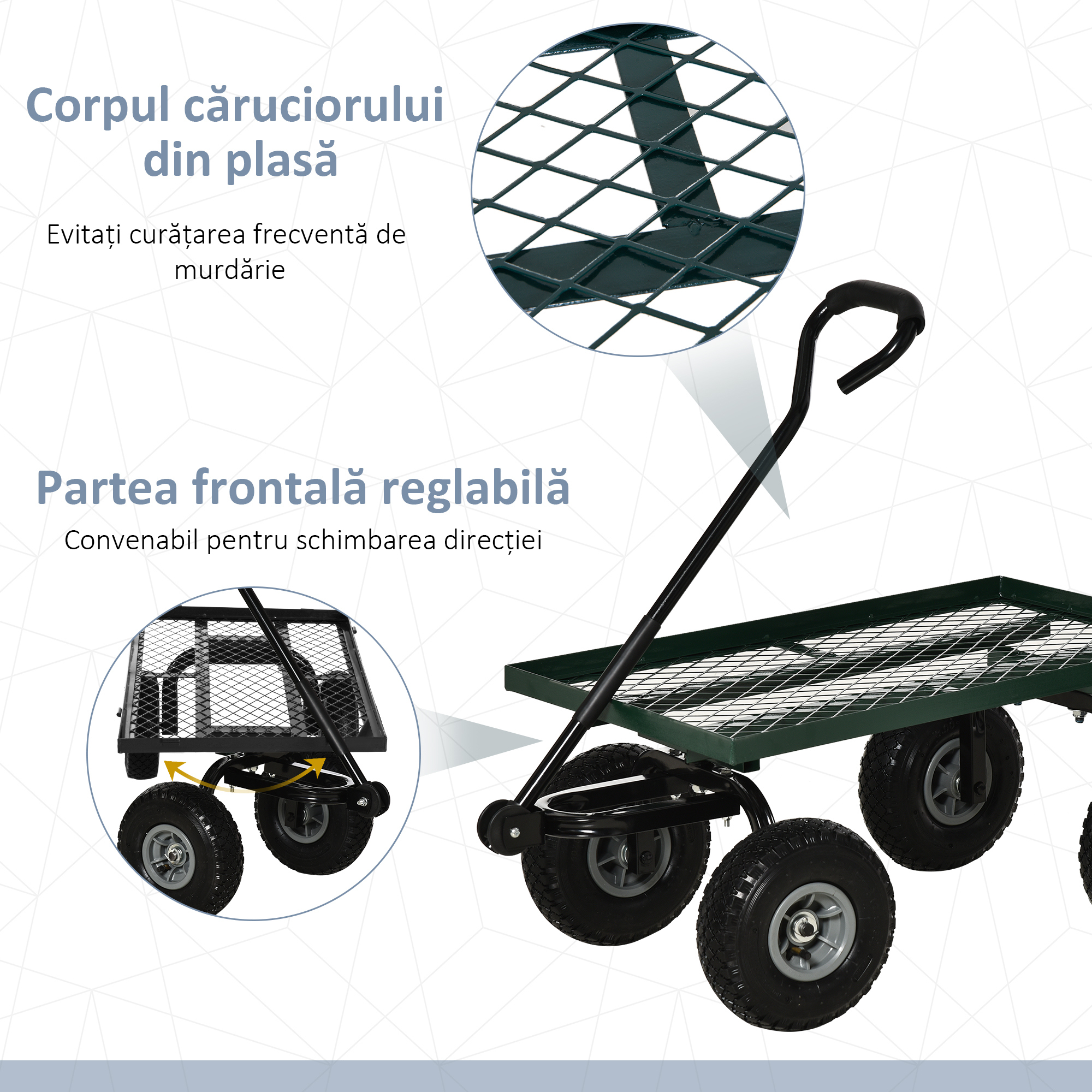  Roaba de Gradina cu Maner si 4 Roti Mari, Capacitate 150 kg, 94x48,5x100 cm, Verde [5]