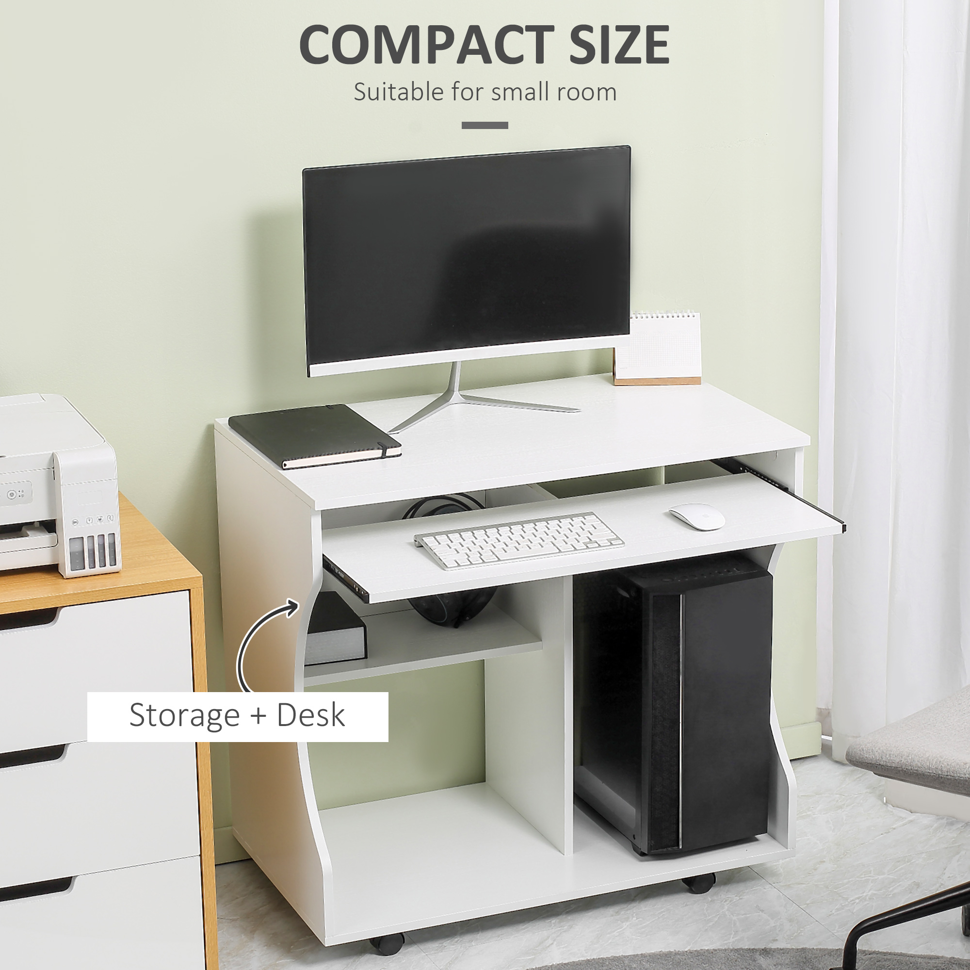HOMCOM Multi-Storage Compact Work Desk, with Wheels White 6
