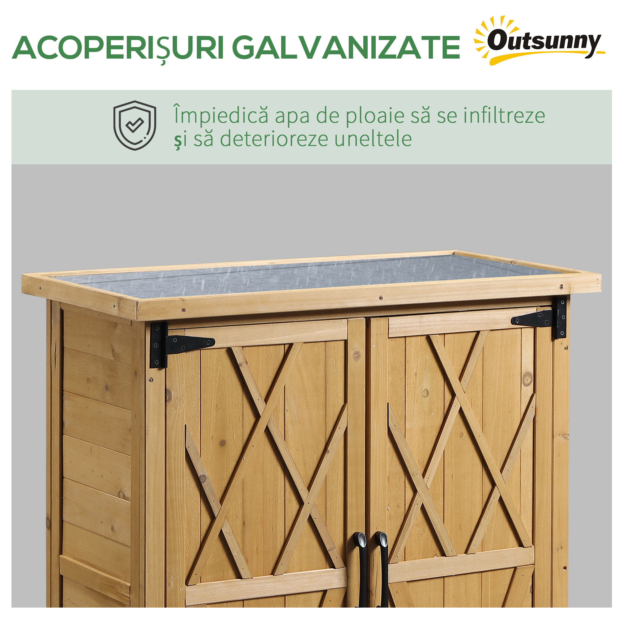  Dulap de Gradina pentru Unelte din Lemn cu 2 Usi si 4 Rafturi, Blat din Metal, 75x40x90 cm [4]