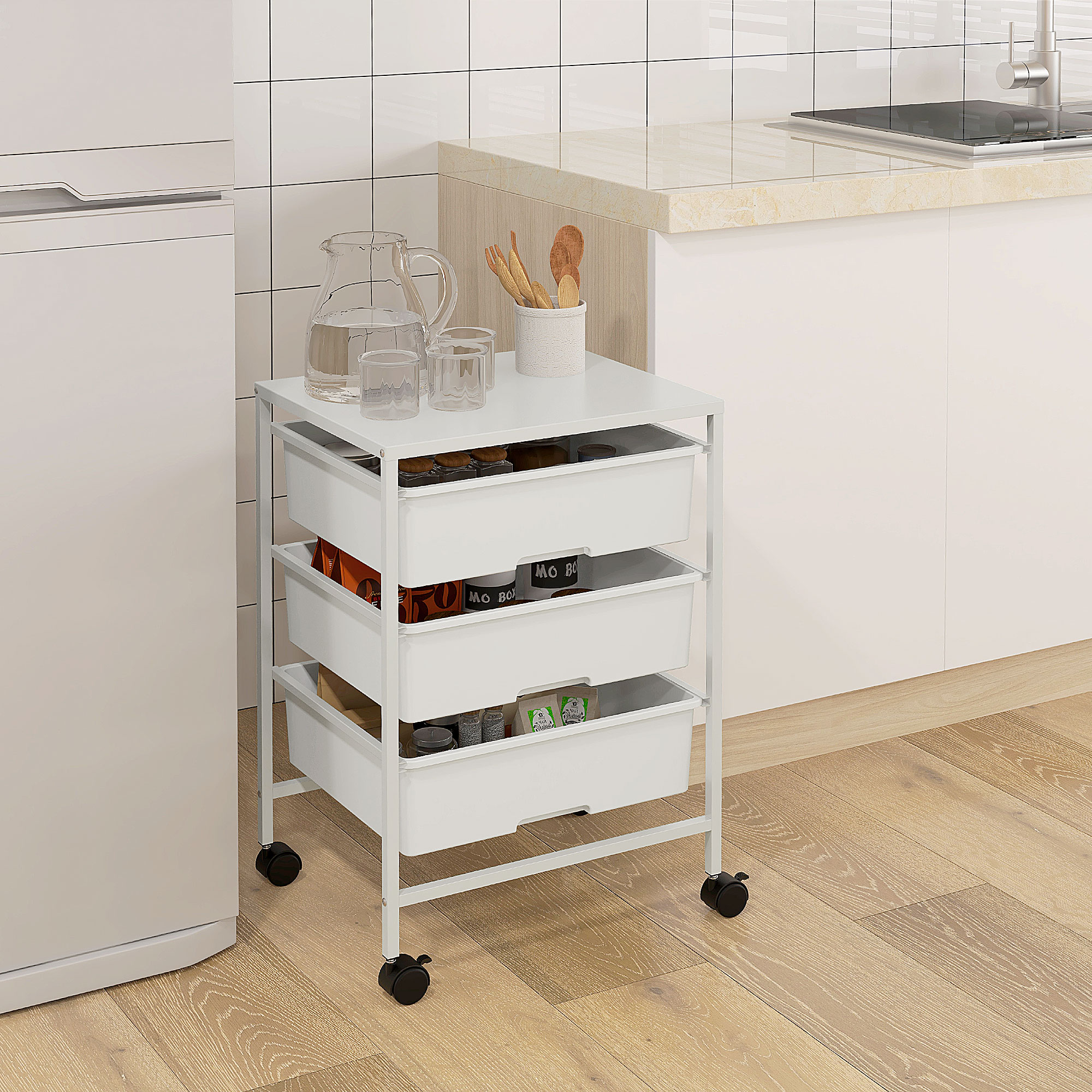 COSTWAY Carrello con 10 Cassetti da Stoccaggio, Cassettiera di Metallo e Plastica, Contenitore Multiuso con Ruote a Freno, per Casa e Ufficio (Trasparente