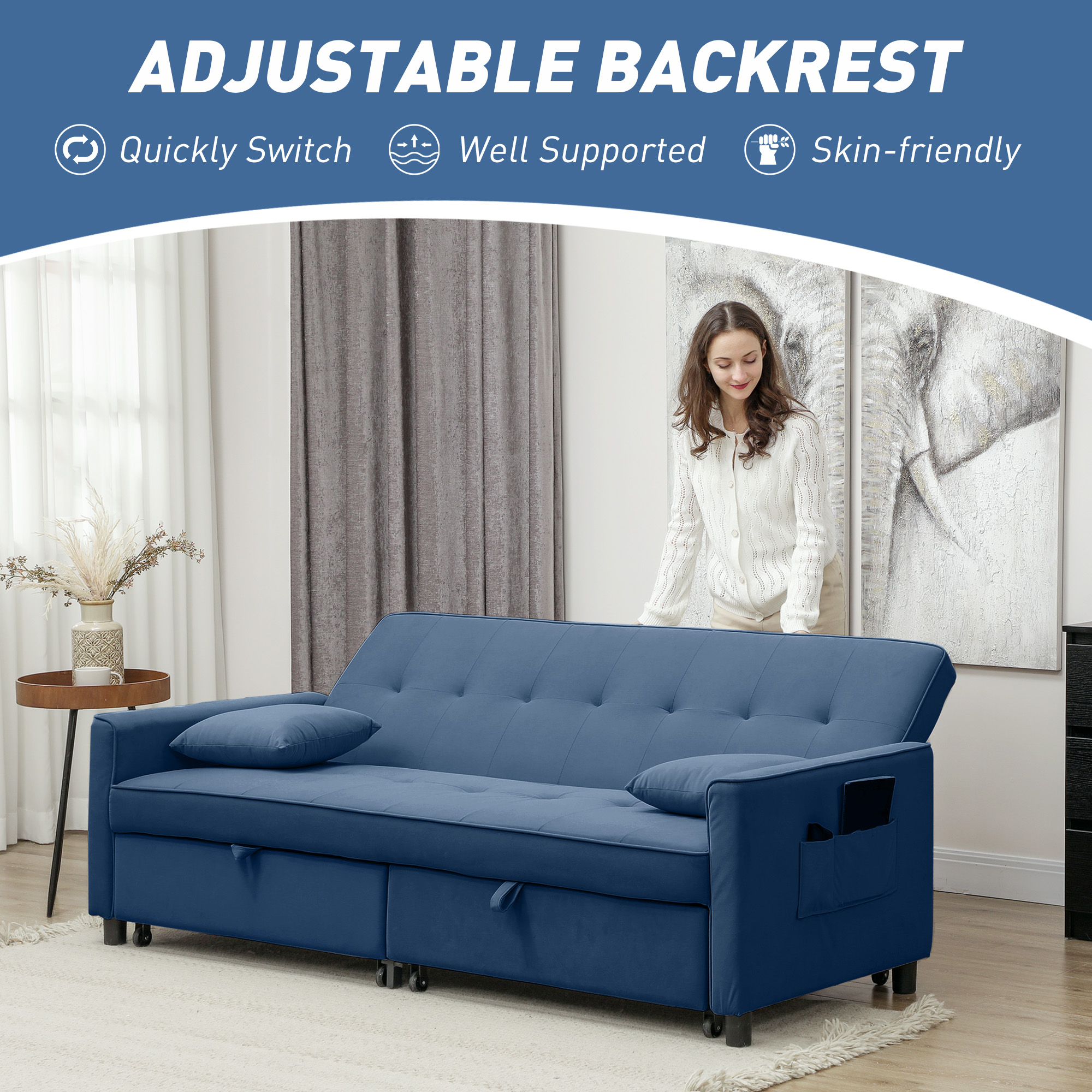 HOMCOM Three-Person Velvet-Feel Sofa Bed Blue 6