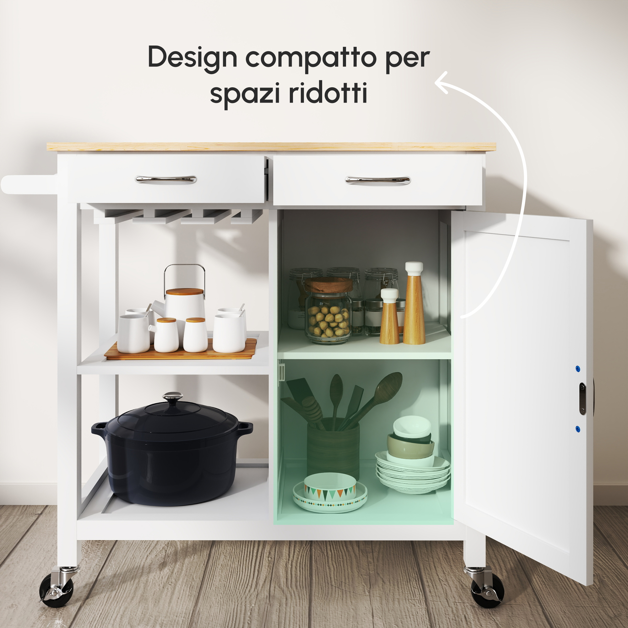 Carrello Da Cucina HOMCOM Con Cassetti E Ruote - Legno E MDF Bianco, 89x40x84 Cm - Foto 12