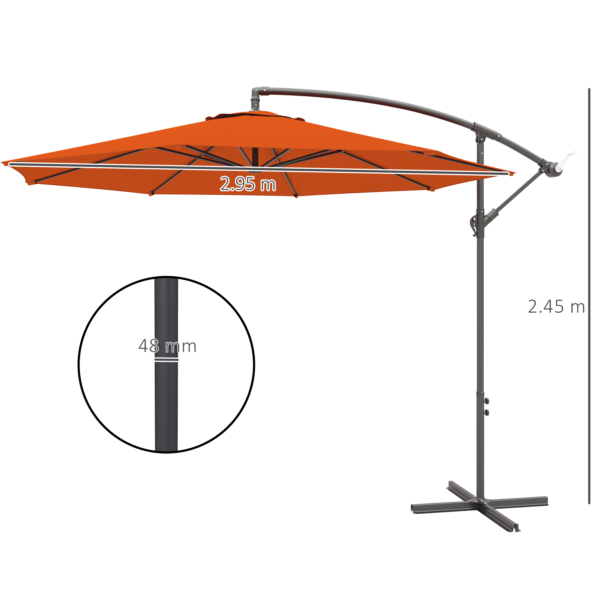Outsunny 2.45m Overhanging Cantilever Parasol, with Cross Base Orange 3