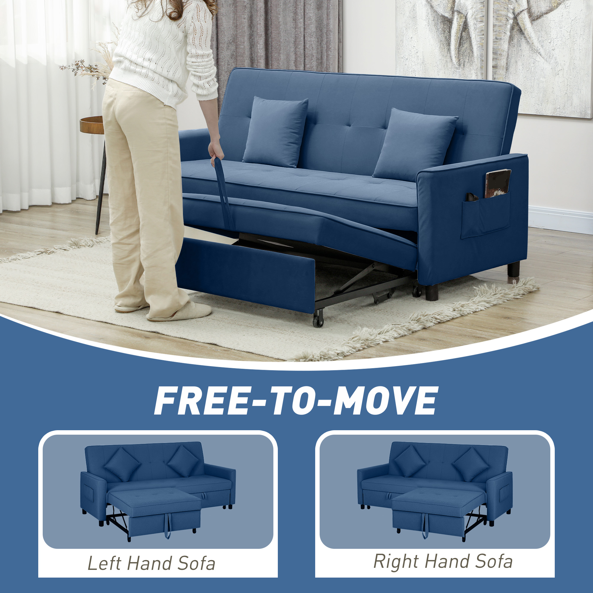 HOMCOM Three-Person Velvet-Feel Sofa Bed Blue 5
