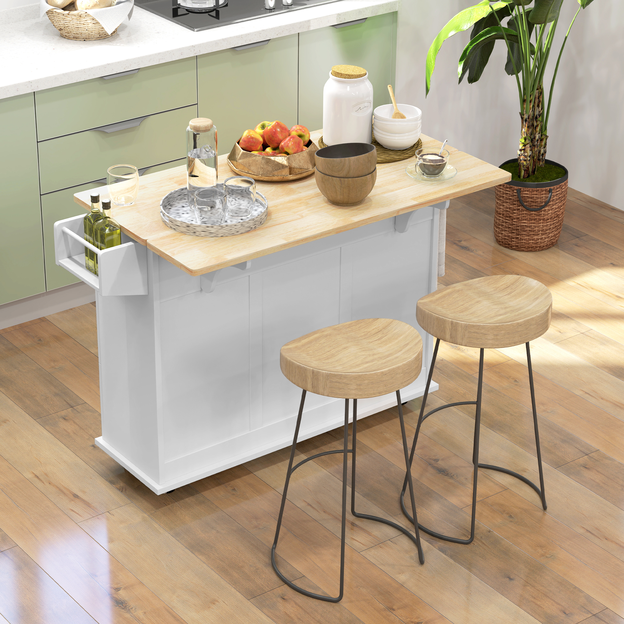 HOMCOM Kitchen Island with Drop Leaf, Rolling Kitchen Storage Trolley on Wheels with 3 Drawers, Spice Rack and Towel Rack, Storage Cart with Rubber Wood Top, White 2