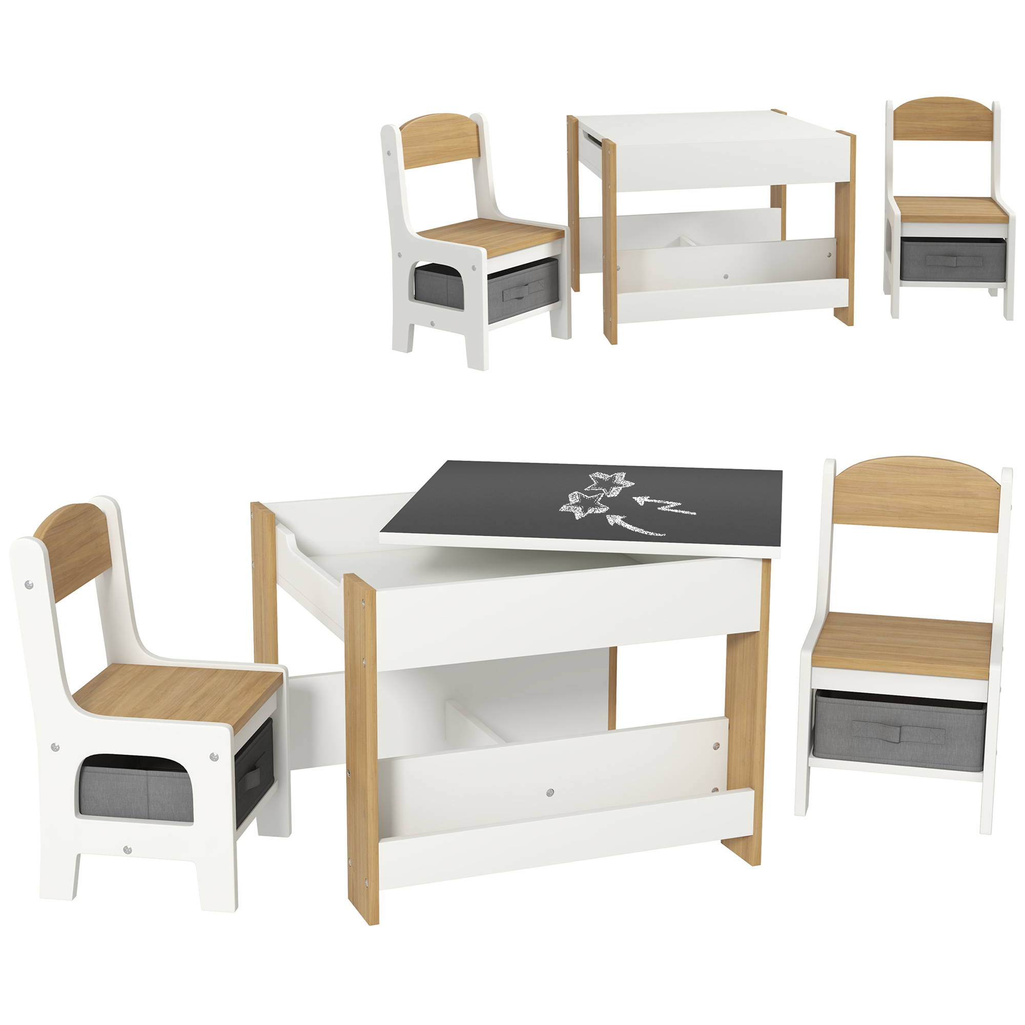 HOMCOM Juego de Mesa con Sillas para Niños 2 en 1 con Pizarra Cajones de Tela y Espacio de Almacenamiento Blanco y Natural