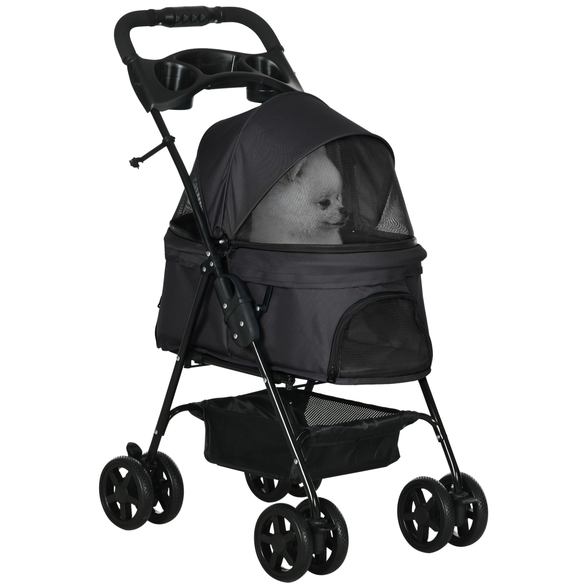 PawHut Carrinho para Cães Dobrável com Rodas Universáis Cesta de Armazenamento Correias de Segurança e Janelas 67x45x96 cm Preto