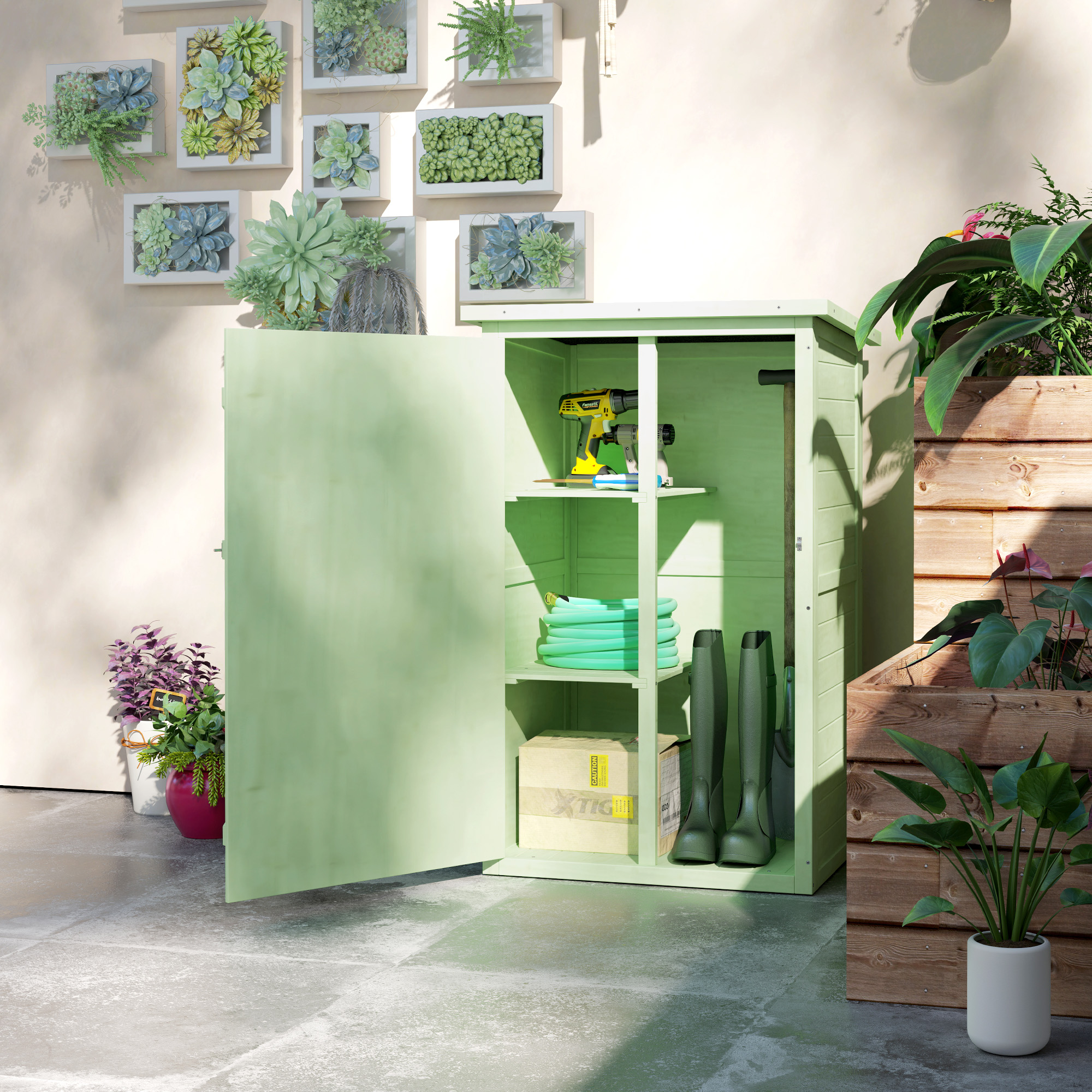 Outsunny Wooden Small Shed, Garden Storage Shed with Shelves and Bolt Latch, 75L x 56W x115H cm, Green 8