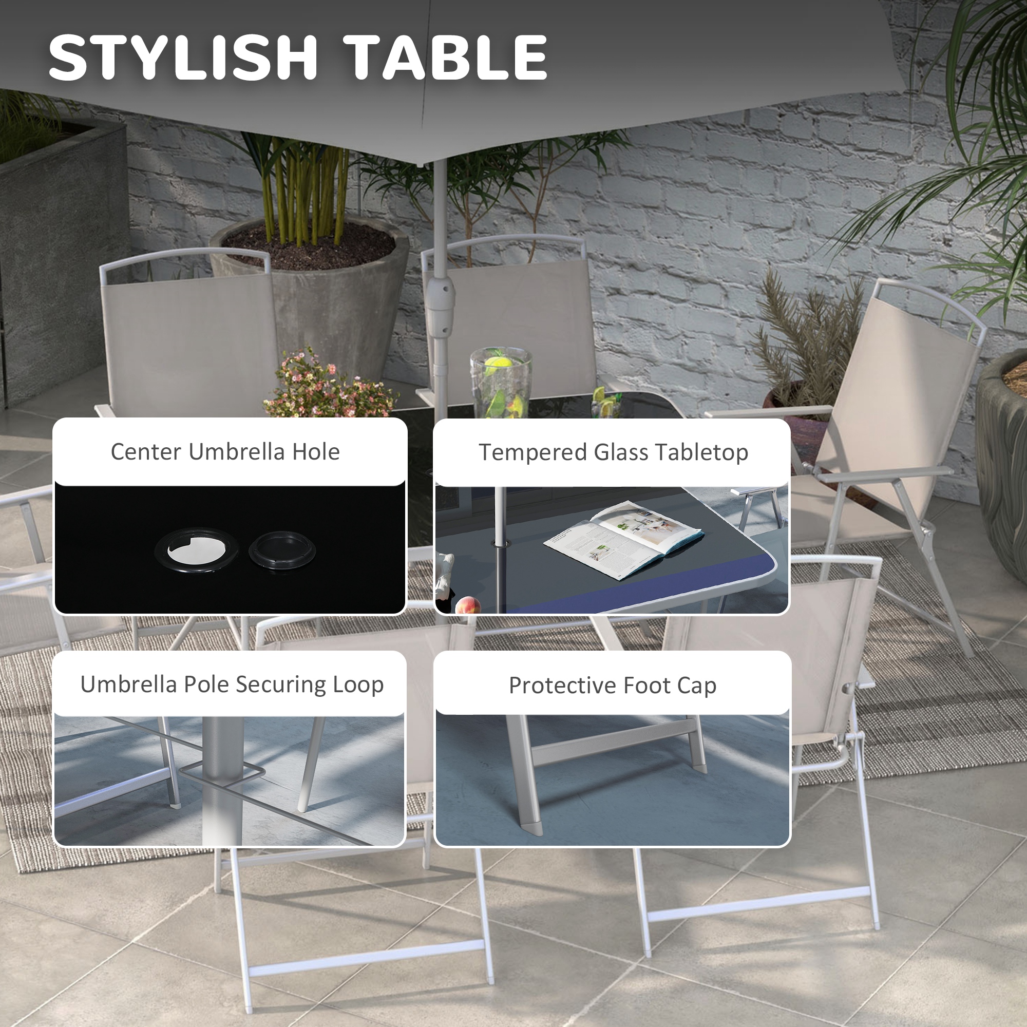 Outsunny Eight-Piece Garden Dining Set, with Chairs, Table and Parasol Grey 4