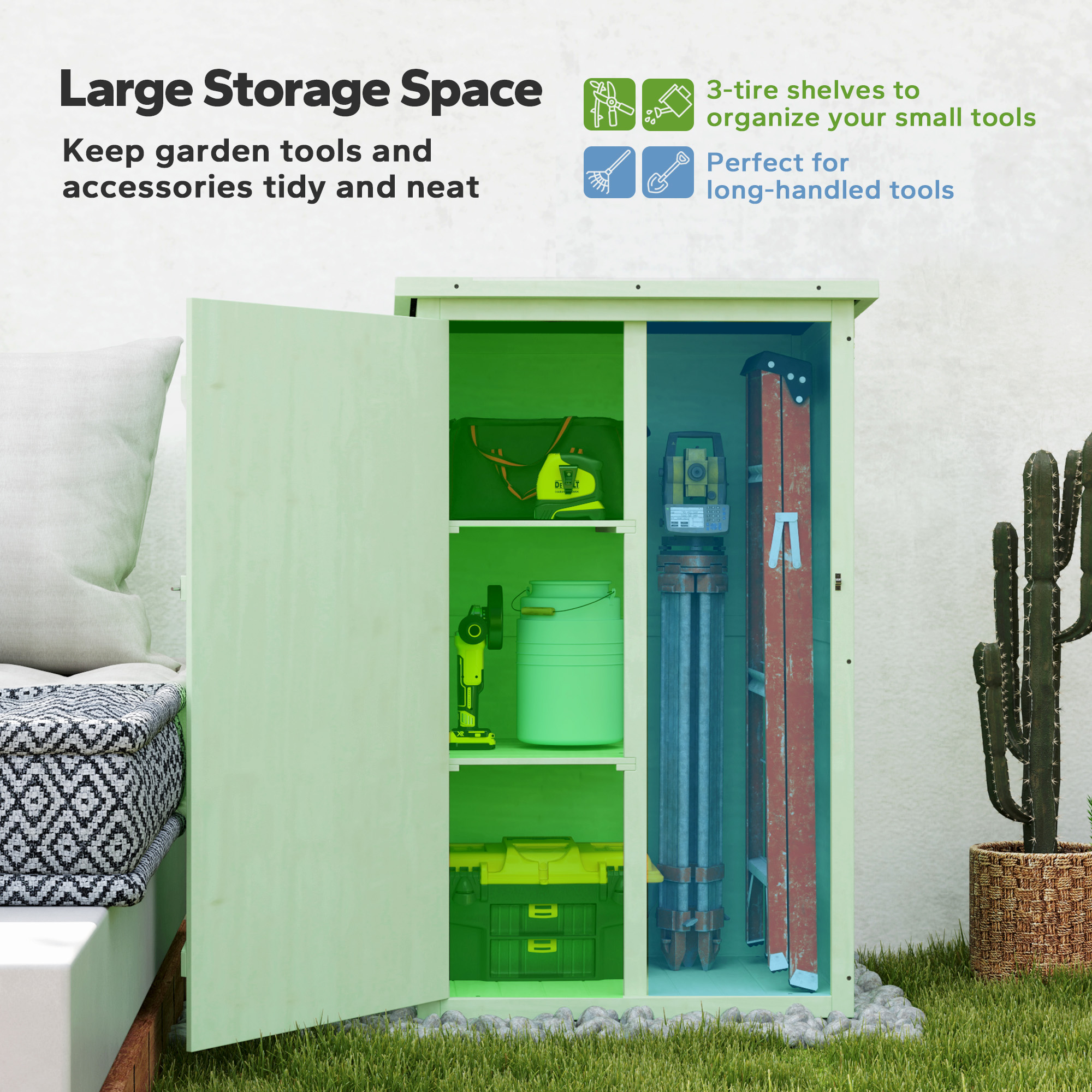 Outsunny Wooden Small Shed, Garden Storage Shed with Shelves and Bolt Latch, 75L x 56W x115H cm, Green 4