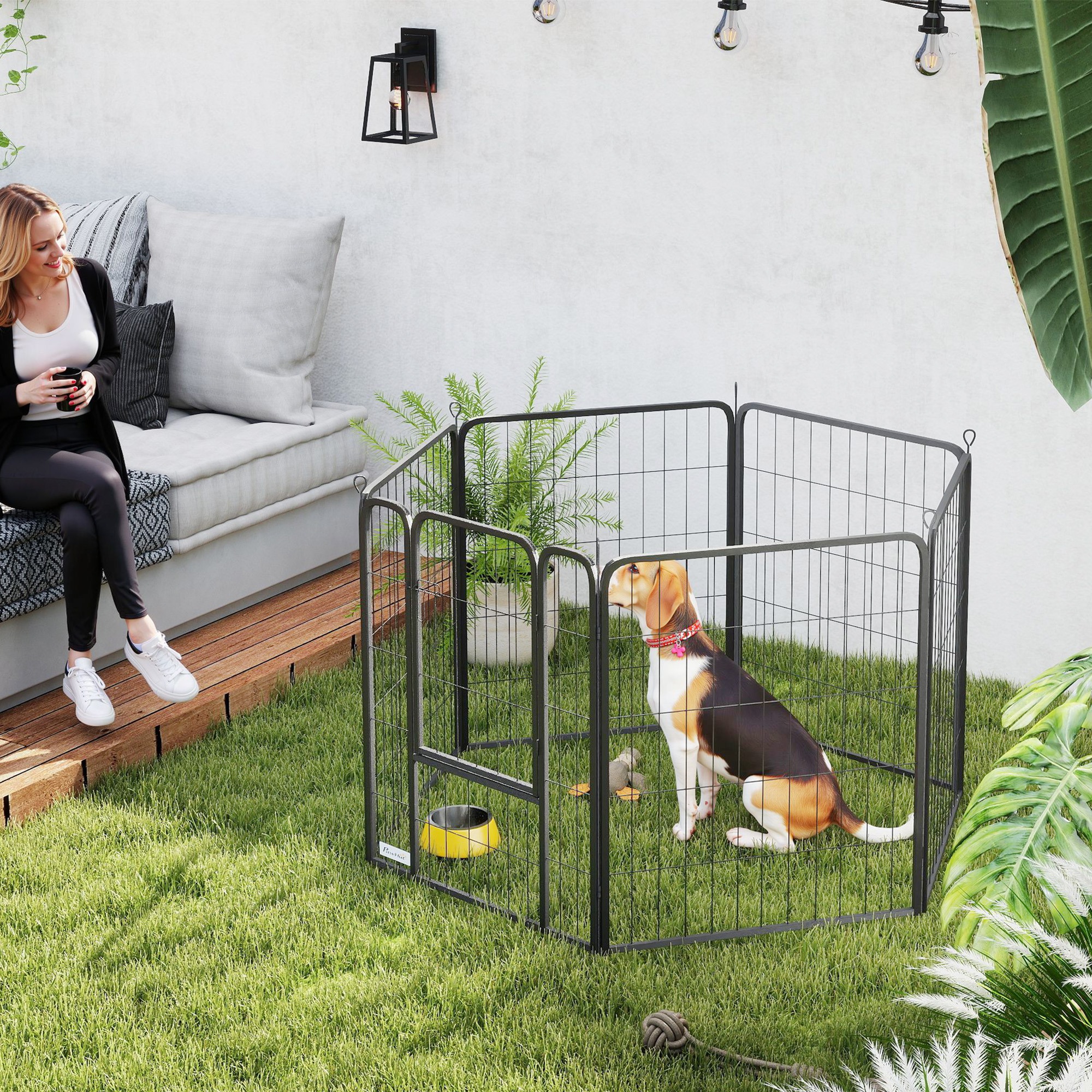 PawHut Six-Panel Dog Playpen with Door, for Small Dogs, Indoors, Outdoors, 60cm Tall, Black