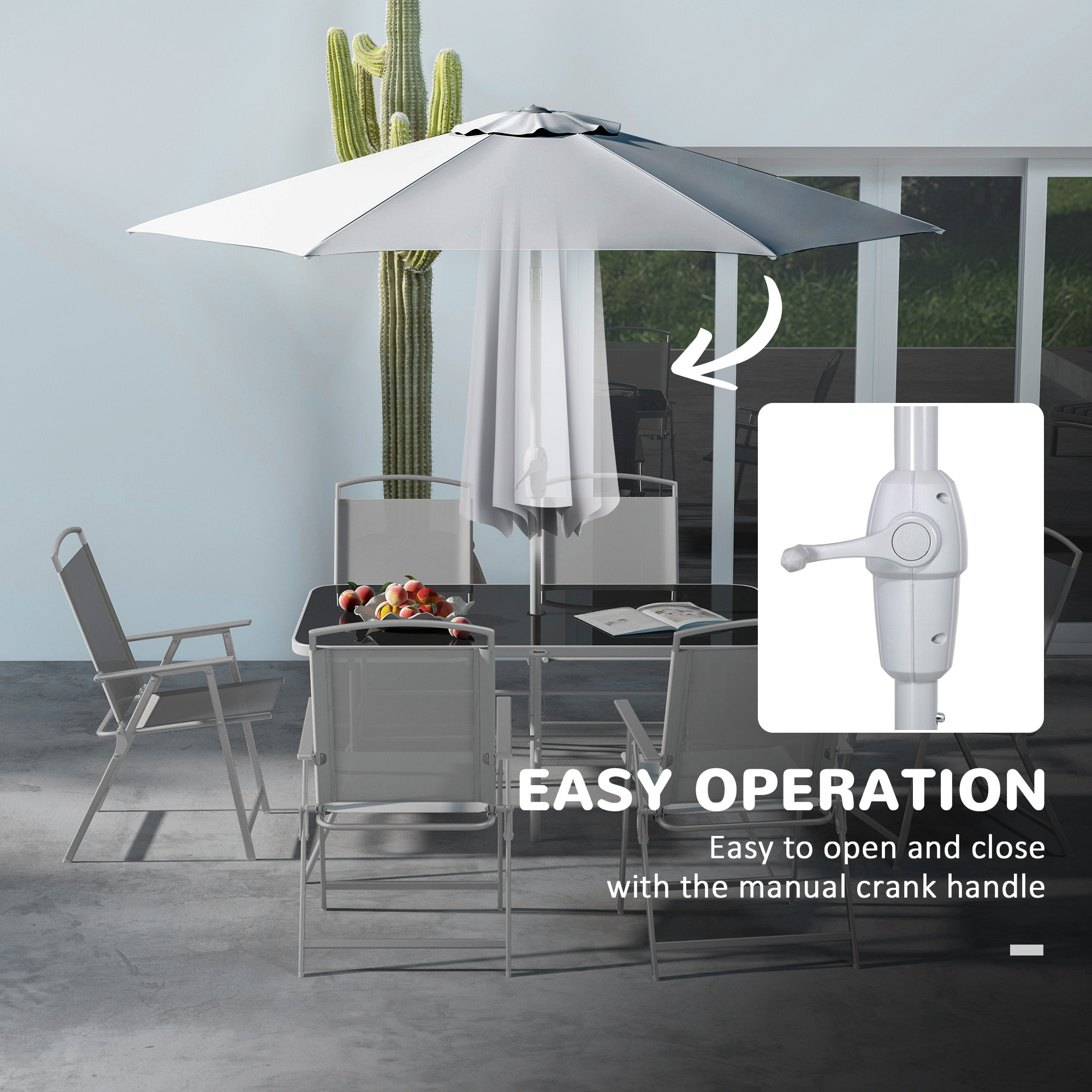 Outsunny Eight-Piece Garden Dining Set, with Chairs, Table and Parasol Grey 7