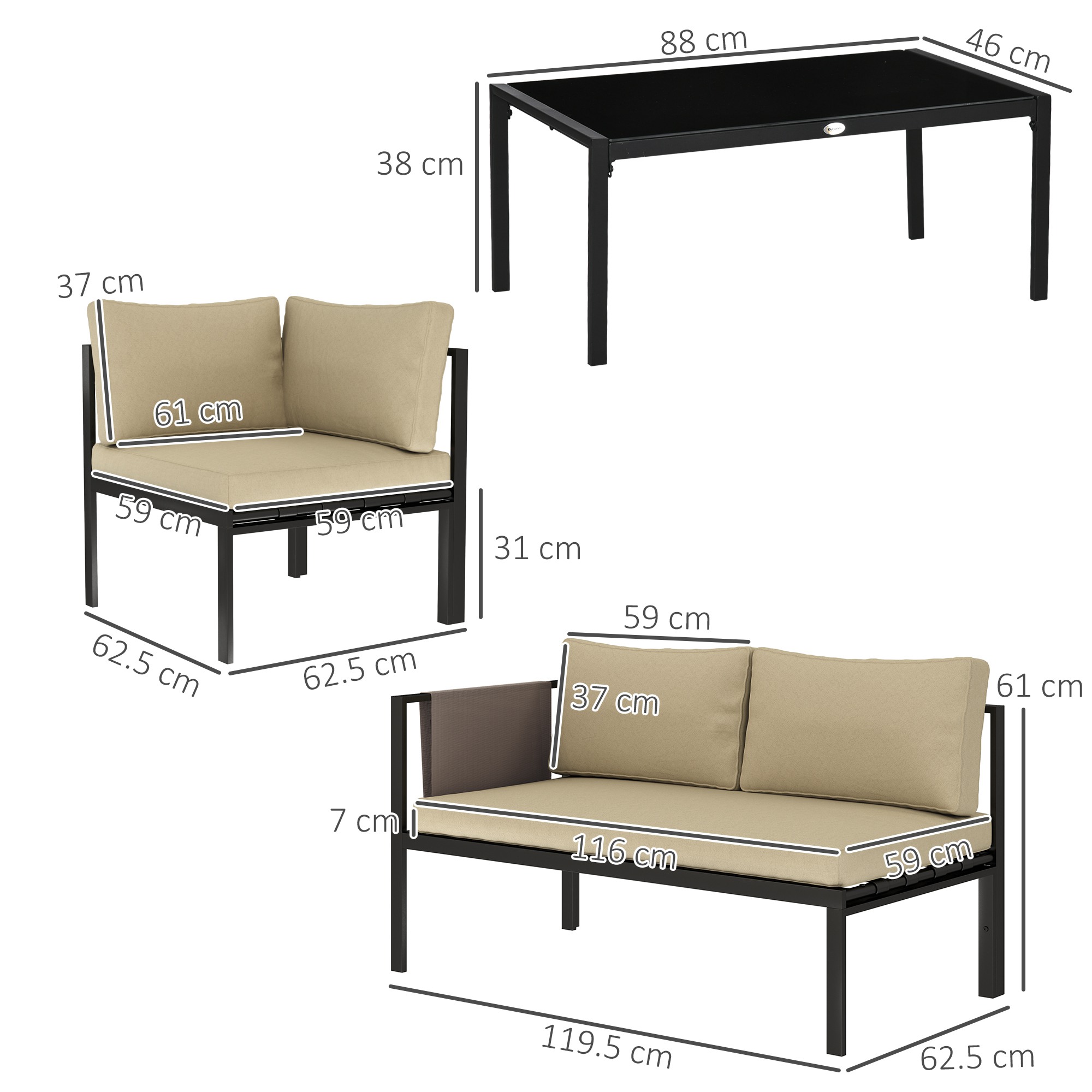 Outsunny 5 Seater Garden Corner Sofa Set, 4 Pieces Metal Garden Furniture Set with Loveseats, Glass Top Coffee Table, Breathable Mesh Pocket, Outdoor Conversation Furniture with Cushions, Khaki 3