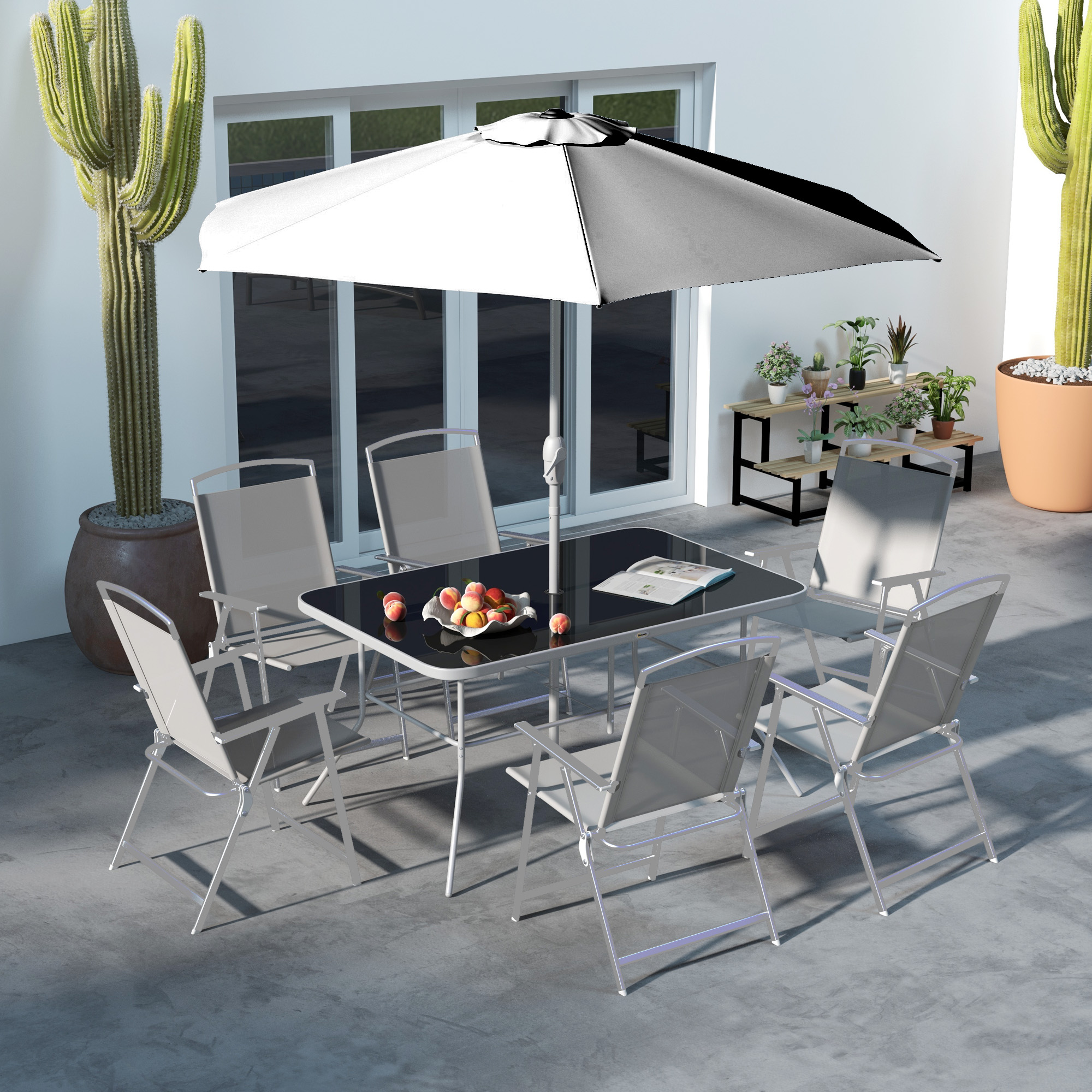 Outsunny Eight-Piece Garden Dining Set, with Chairs, Table and Parasol Grey 2