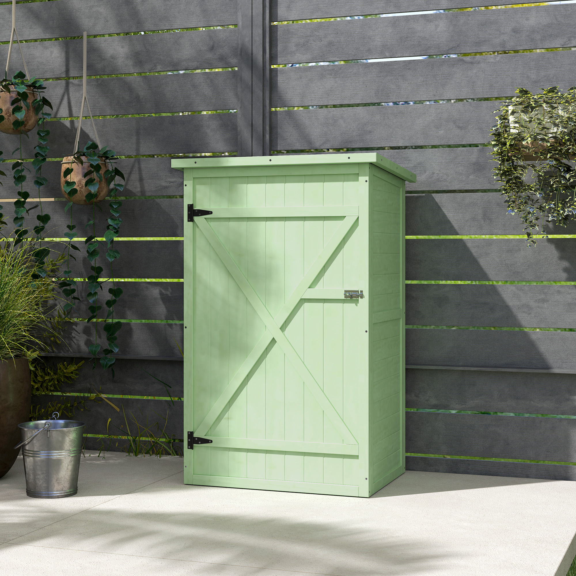 Outsunny Wooden Small Shed, Garden Storage Shed with Shelves and Bolt Latch, 75L x 56W x115H cm, Green 9