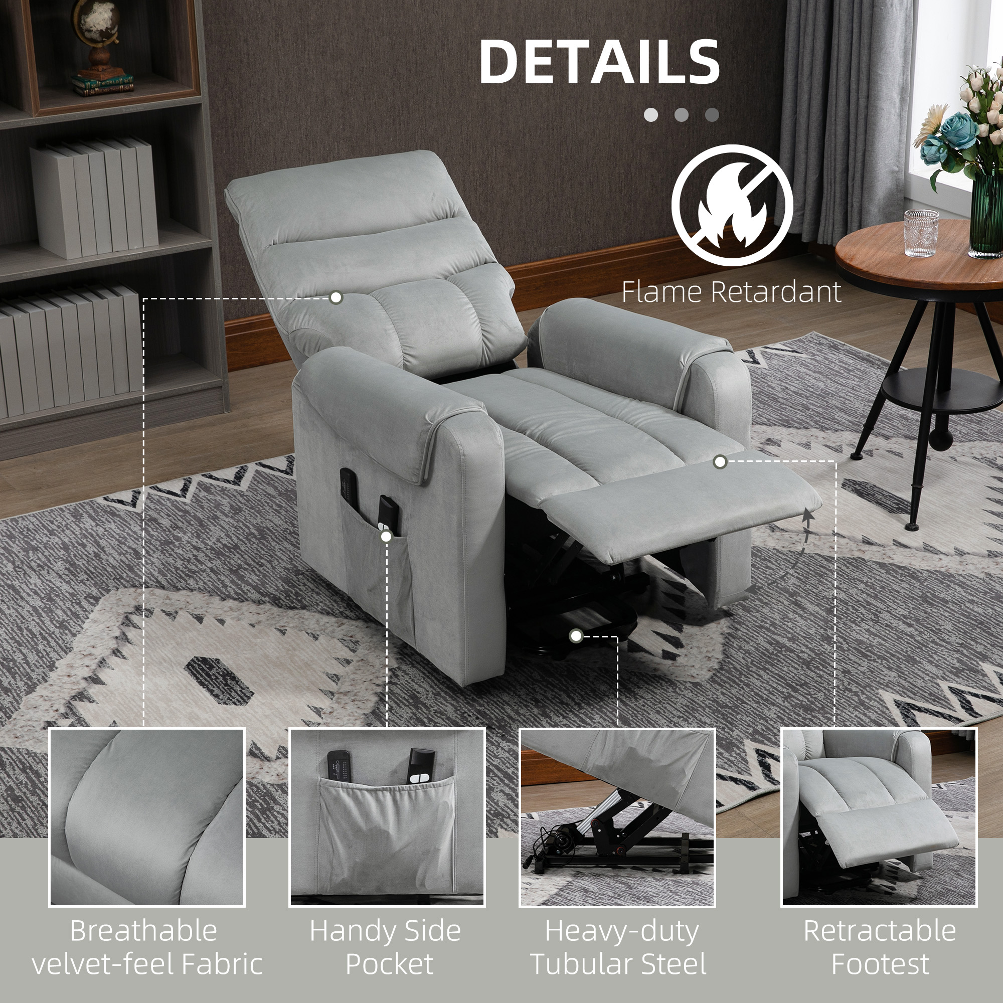 HOMCOM Vibration Massage Rise and Recliner Chair, Electric Power Lift Recliner with Remote Control and Side Pockets, Grey 7