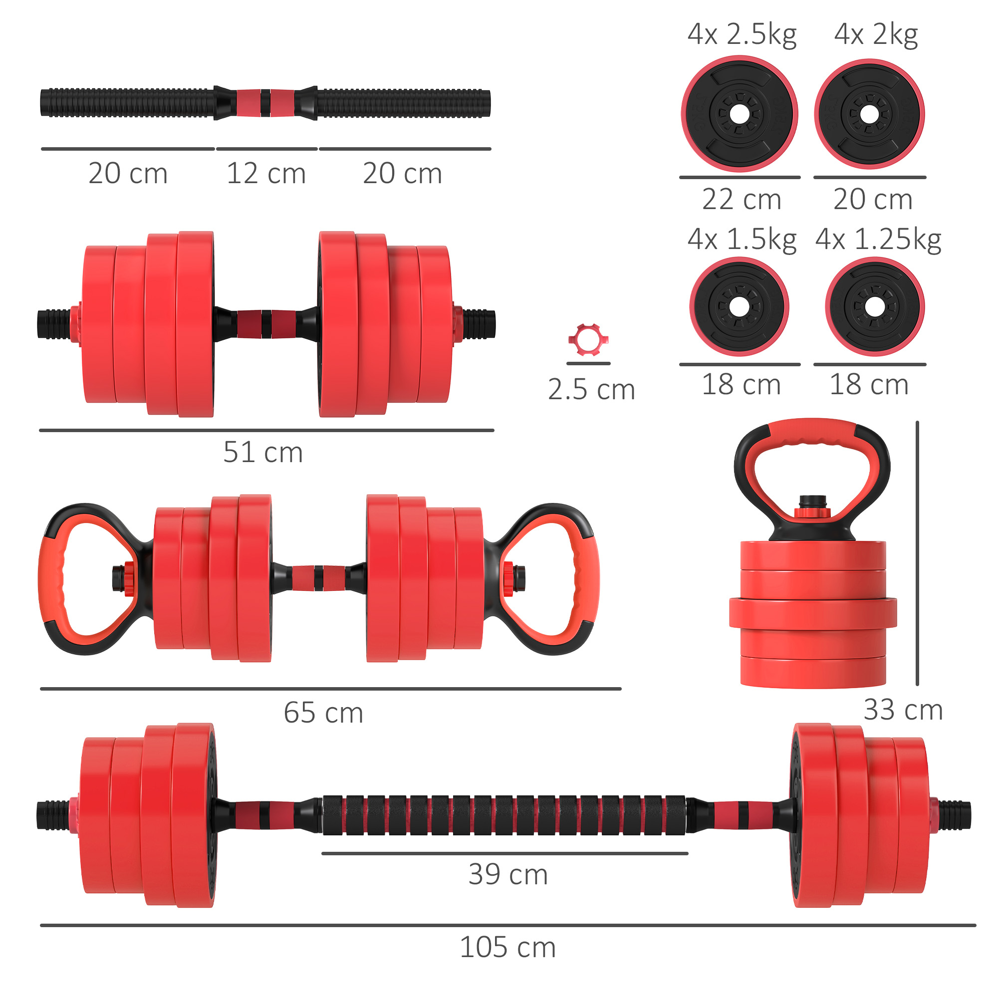 SPORTNOW 30kg Four-In-One Adjustable Weight Dumbbells Set, Barbell, Kettlebell, Push Up Stand Red 3