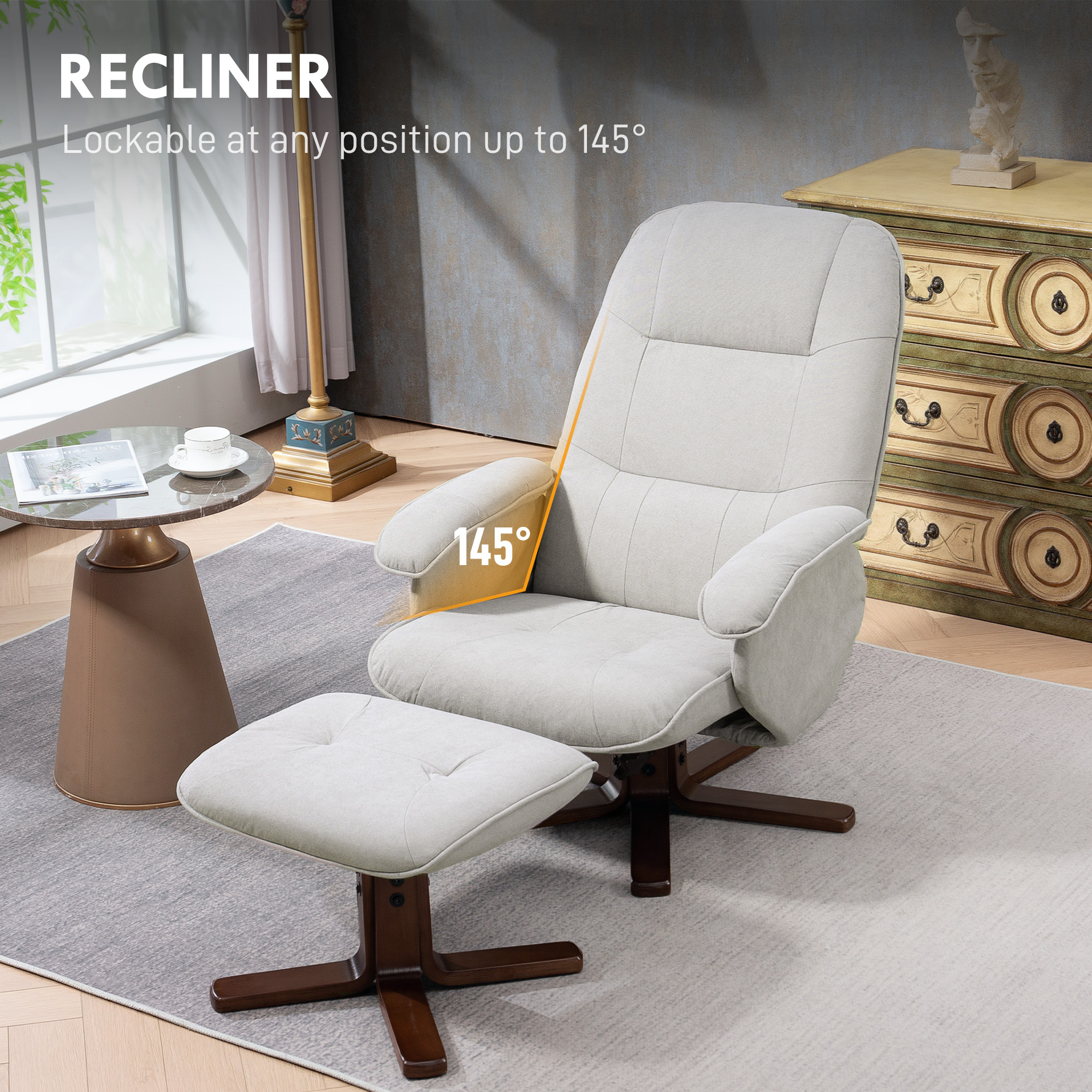 HOMCOM Linen Swivel Recliner Chair with Footstool, Upholstered Reclining Armchair with Wooden Base for Living Room, Light Grey 4