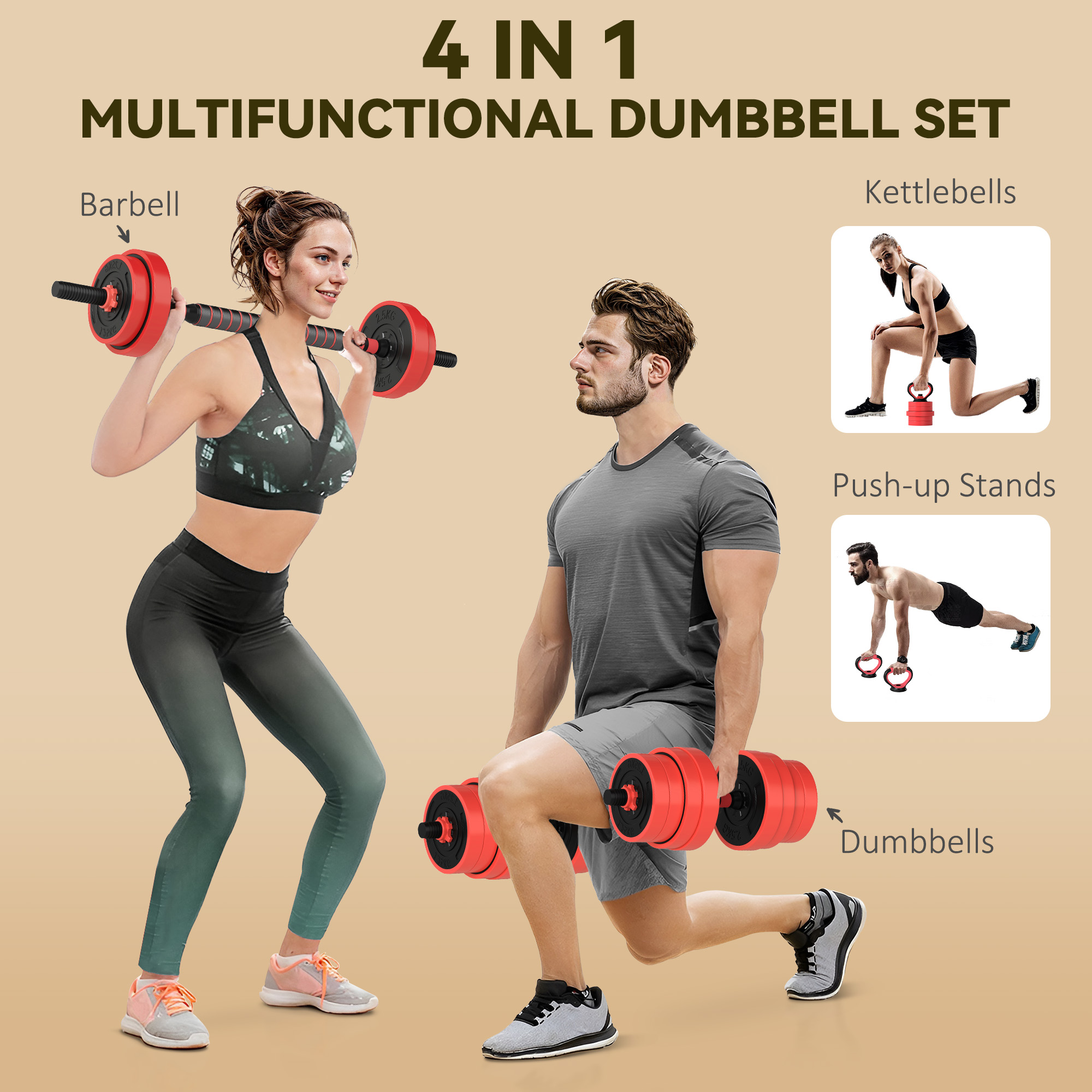 SPORTNOW 30kg Four-In-One Adjustable Weight Dumbbells Set, Barbell, Kettlebell, Push Up Stand Red 4