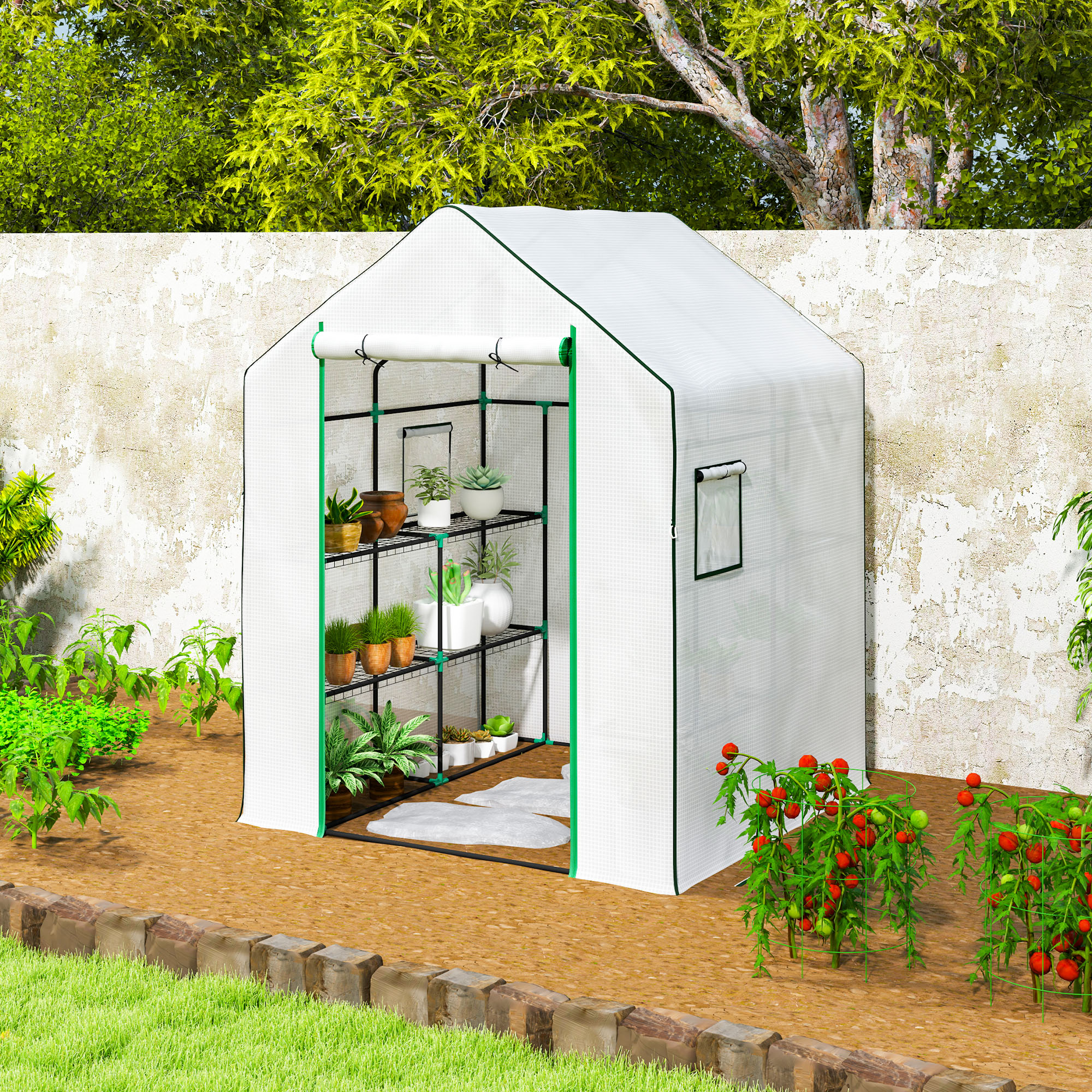 Outsunny 143 x 140cm Walk-In Greenhouse, with Accessories White 8