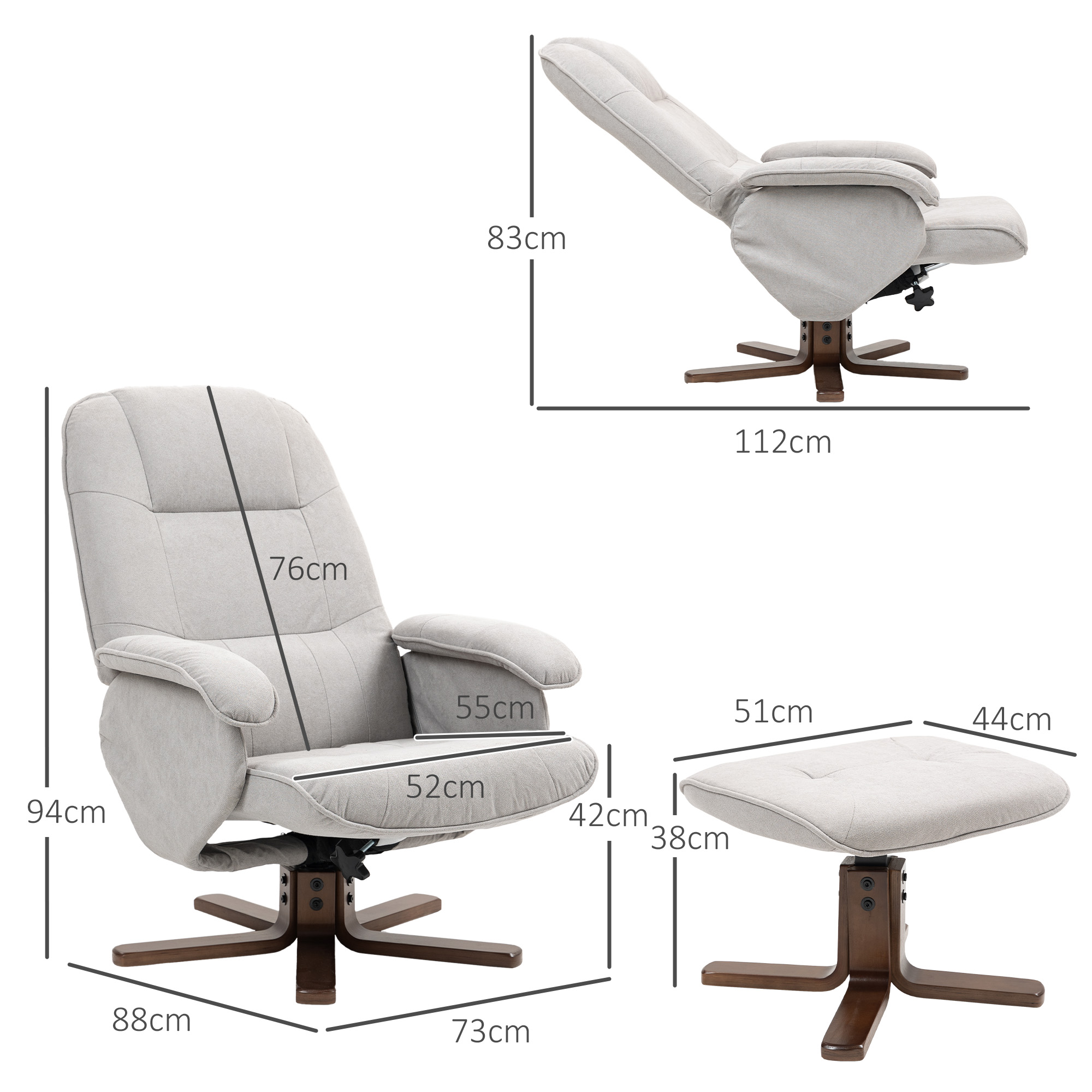 HOMCOM Linen Swivel Recliner Chair with Footstool, Upholstered Reclining Armchair with Wooden Base for Living Room, Light Grey 3