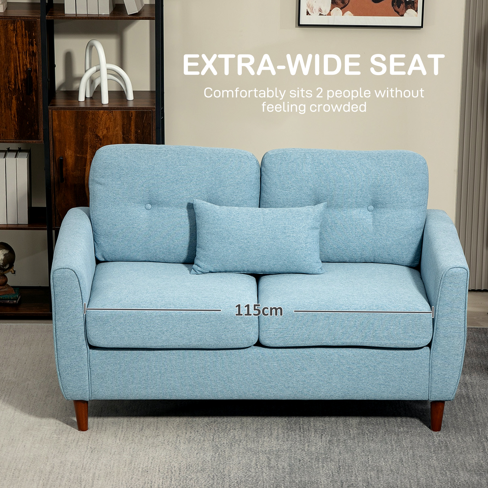 HOMCOM 2 Seater Sofa with Spring Cushion, Fabric Sofa with Wooden Legs, Modern Love Seat for Living Room, 140cm Width Tufted Couch for Bedroom, Light Blue 4