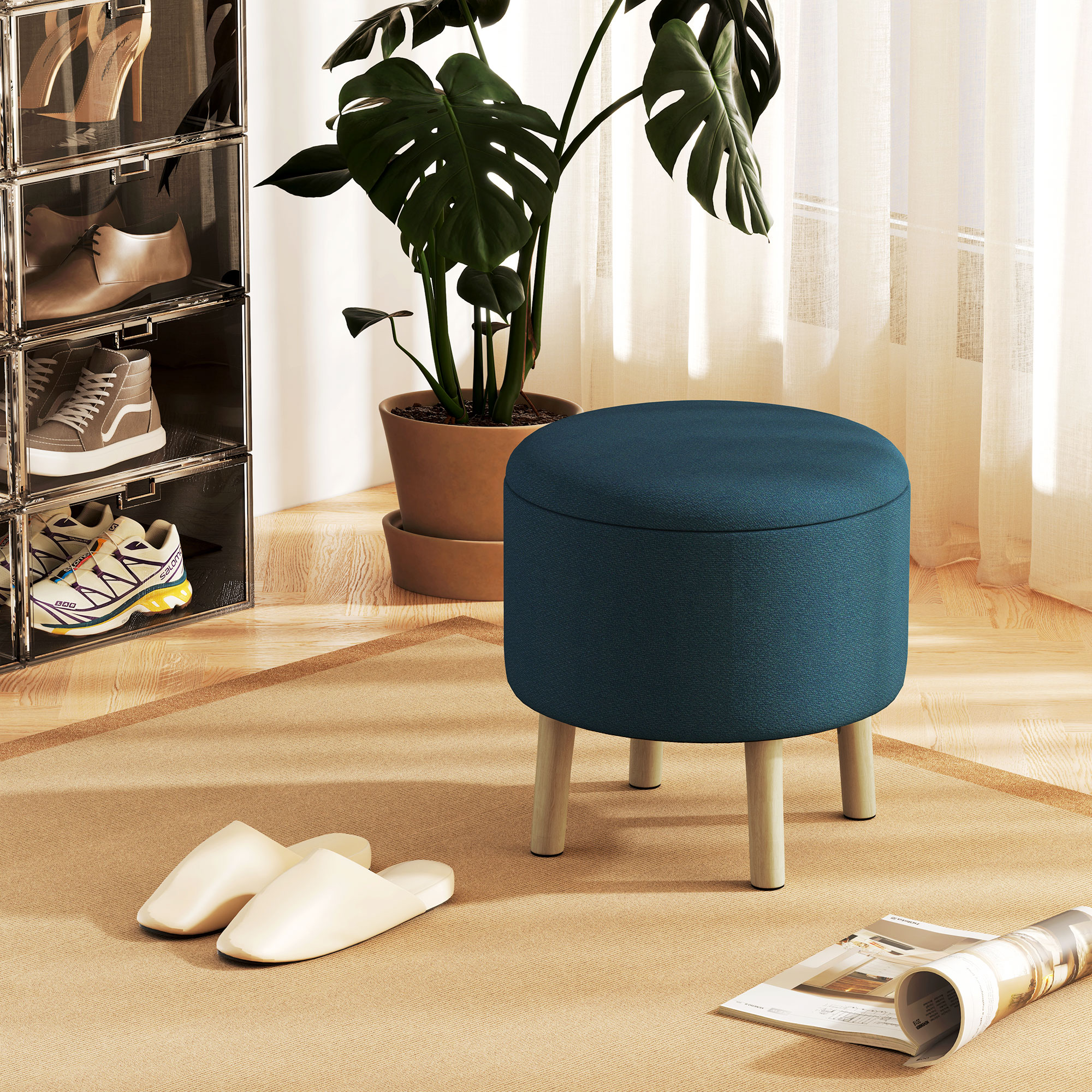 HOMCOM Round Linen-Look Storage Ottoman Blue 2