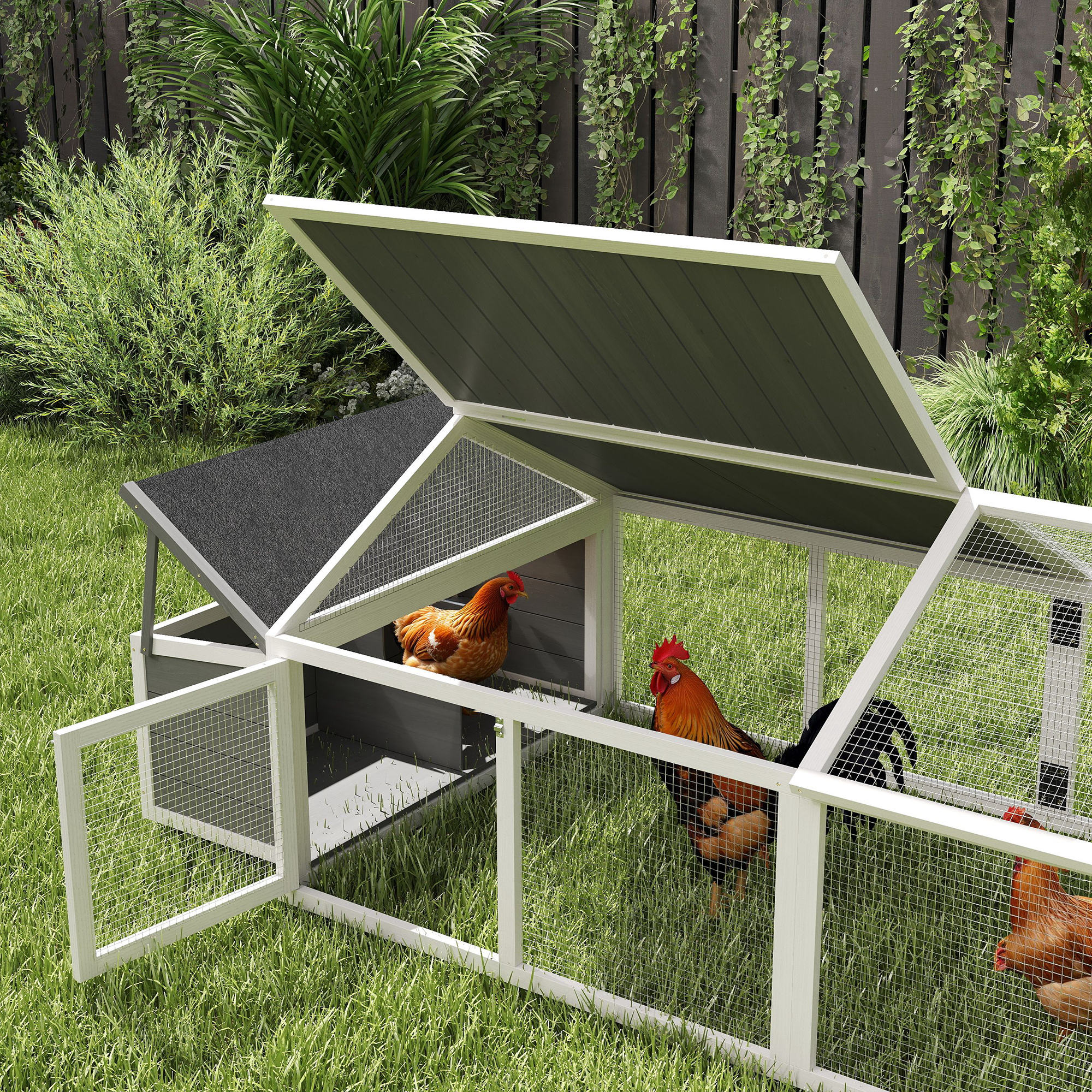 PawHut Wooden Chicken Coop with Nesting Box, Openable Roof, for 4-8 Chickens, White 9