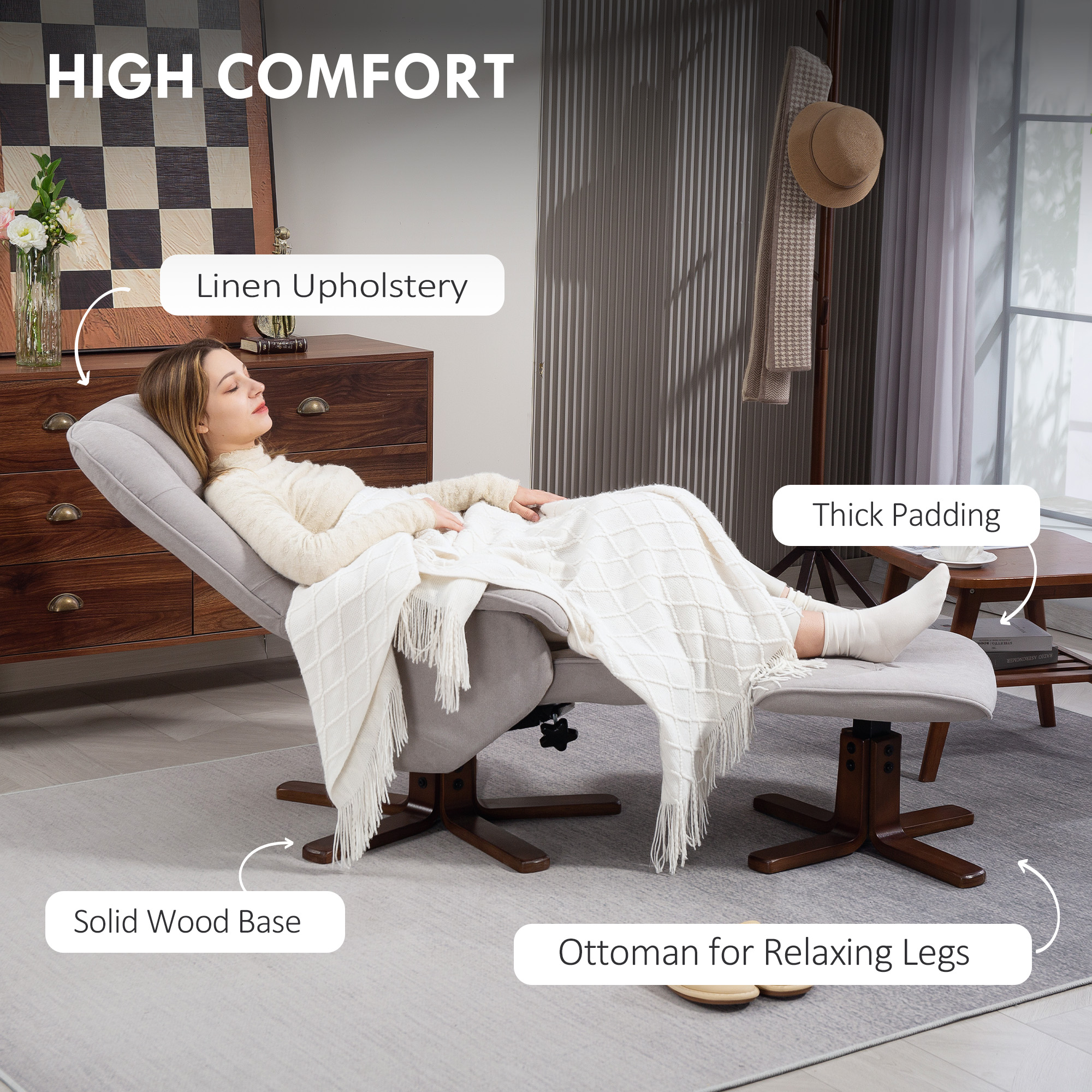 HOMCOM Linen Swivel Recliner Chair with Footstool, Upholstered Reclining Armchair with Wooden Base for Living Room, Light Grey 6