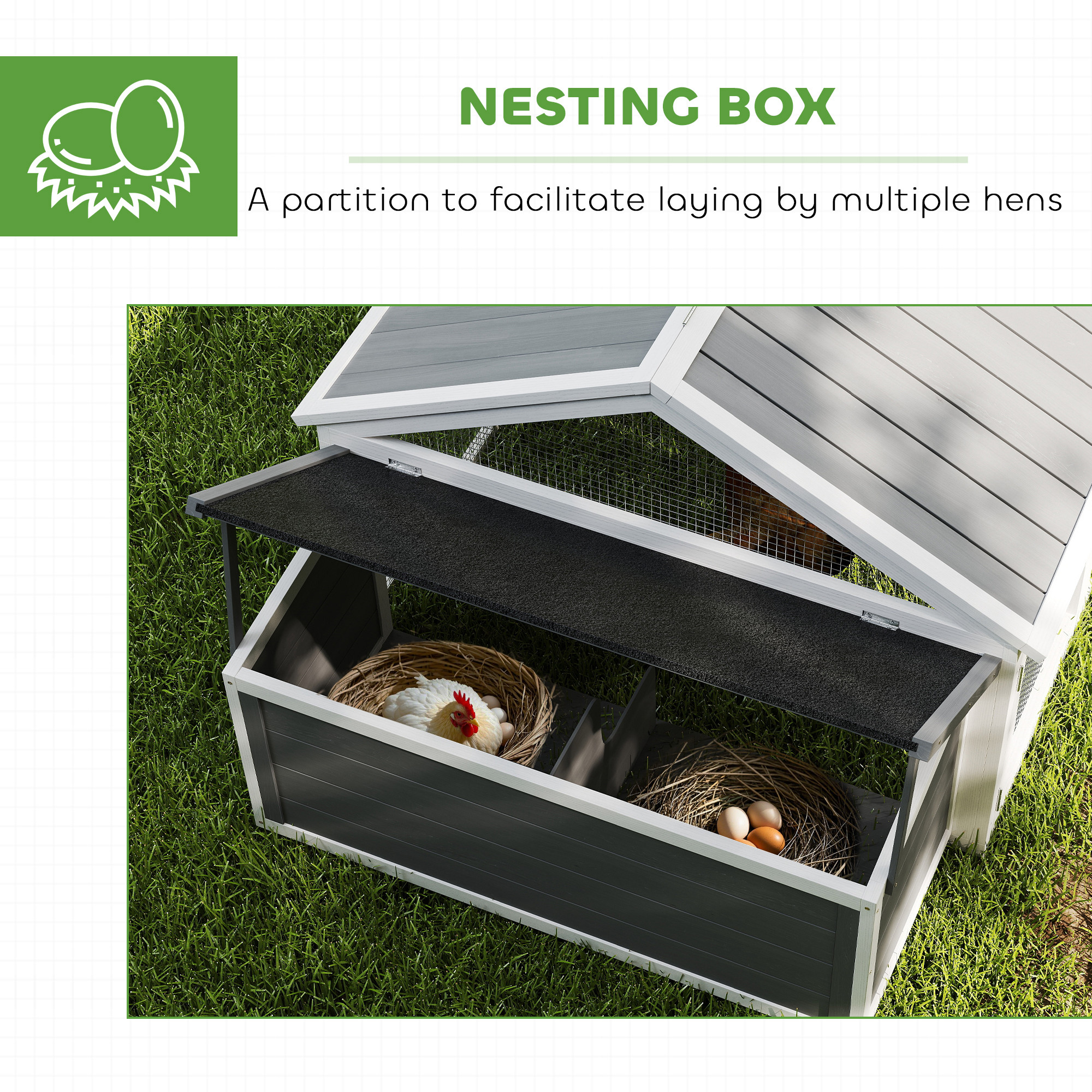 PawHut Wooden Chicken Coop with Nesting Box, Openable Roof, for 4-8 Chickens, White 7