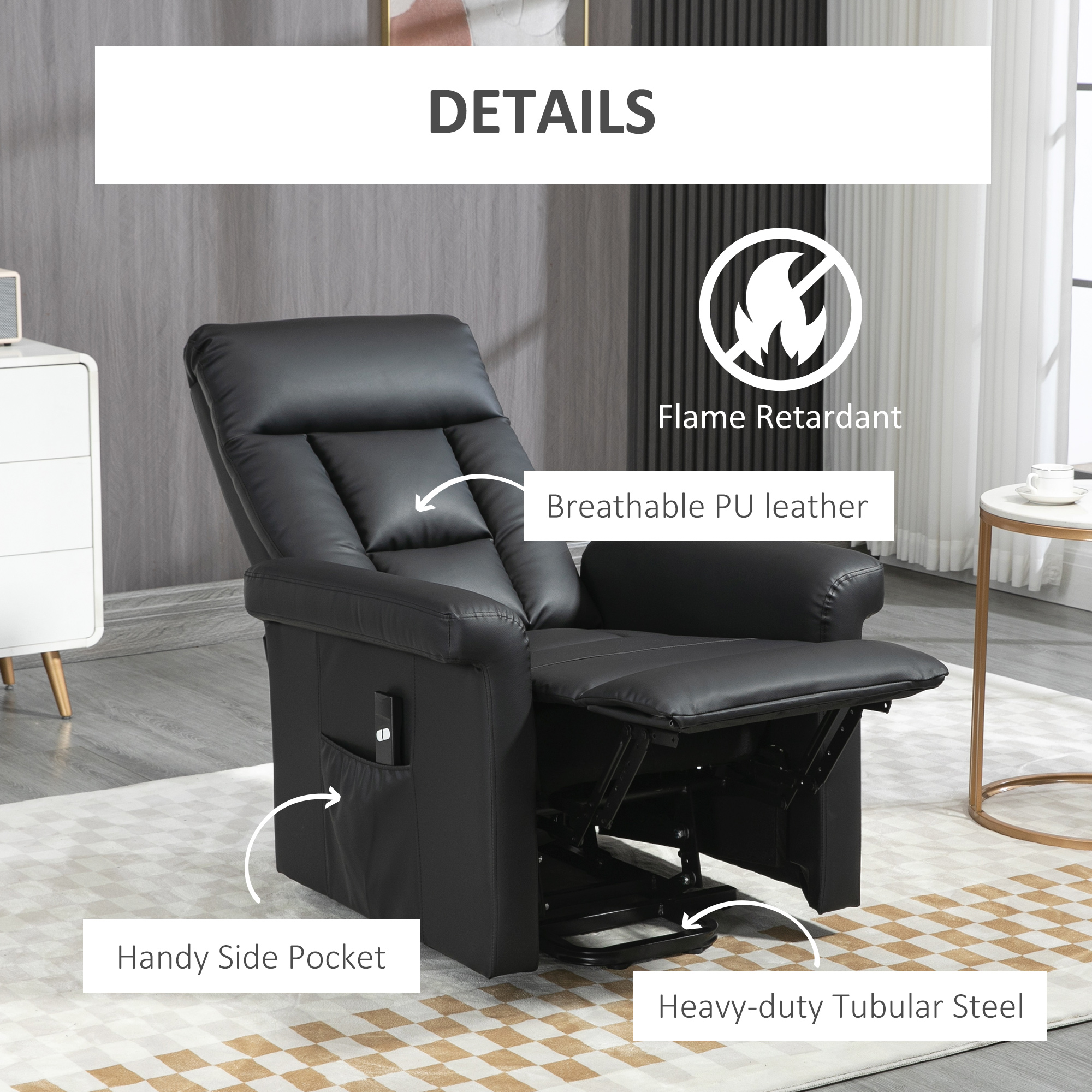 HOMCOM Power Lift Chair Armchair for the Elderly, PU Leather Recliner Chair with Extended Footrest, Remote Control and Side Pocket, Black 6