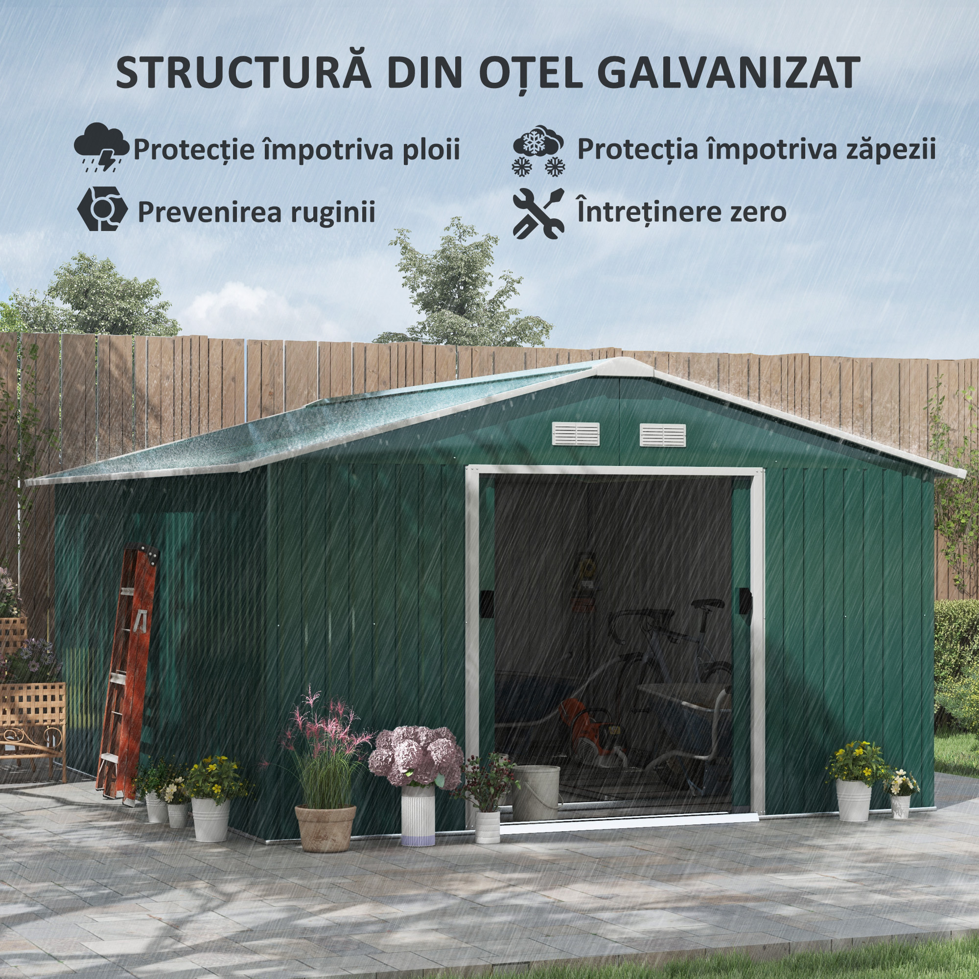  Magazie Unelte din Otel Galvanizat, Anti Rugina 3.4 x 3.86 x 2 m, verde [3]
