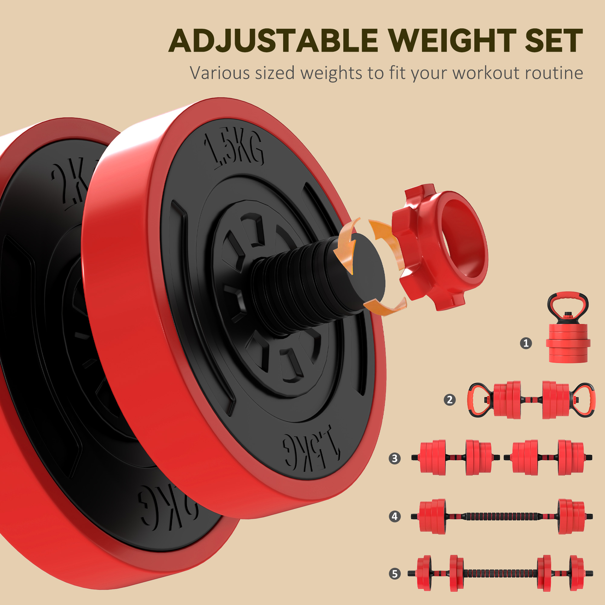 SPORTNOW 30kg Four-In-One Adjustable Weight Dumbbells Set, Barbell, Kettlebell, Push Up Stand Red 5
