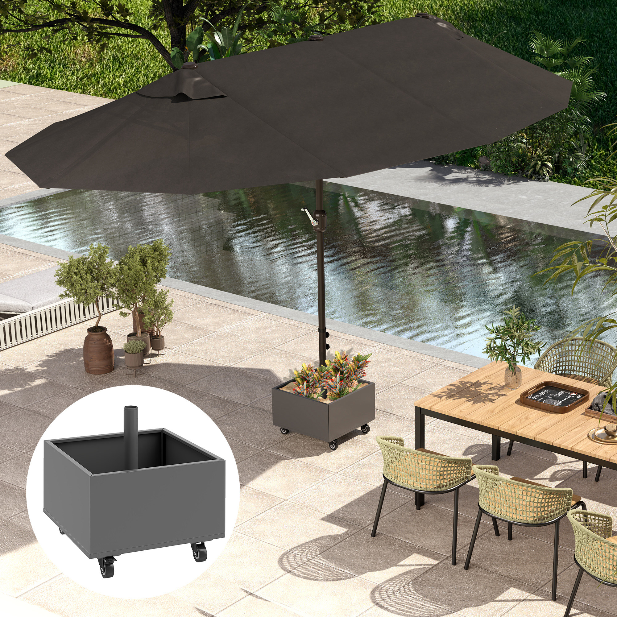 Pied De Parasol Outsunny Avec Roulettes - Support Universel Et Bac à Fleurs 2 En 1 - Gris Foncé