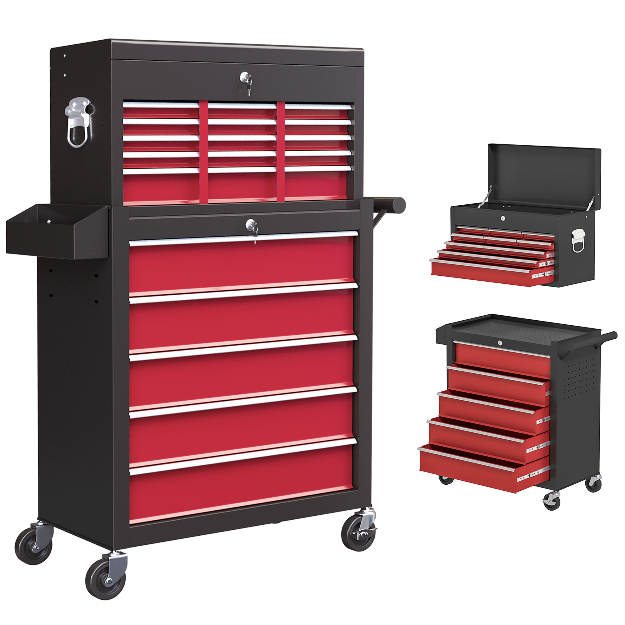 HOMCOM 14 Drawer, Two-Part Tool Storage Chest on Wheels - Black