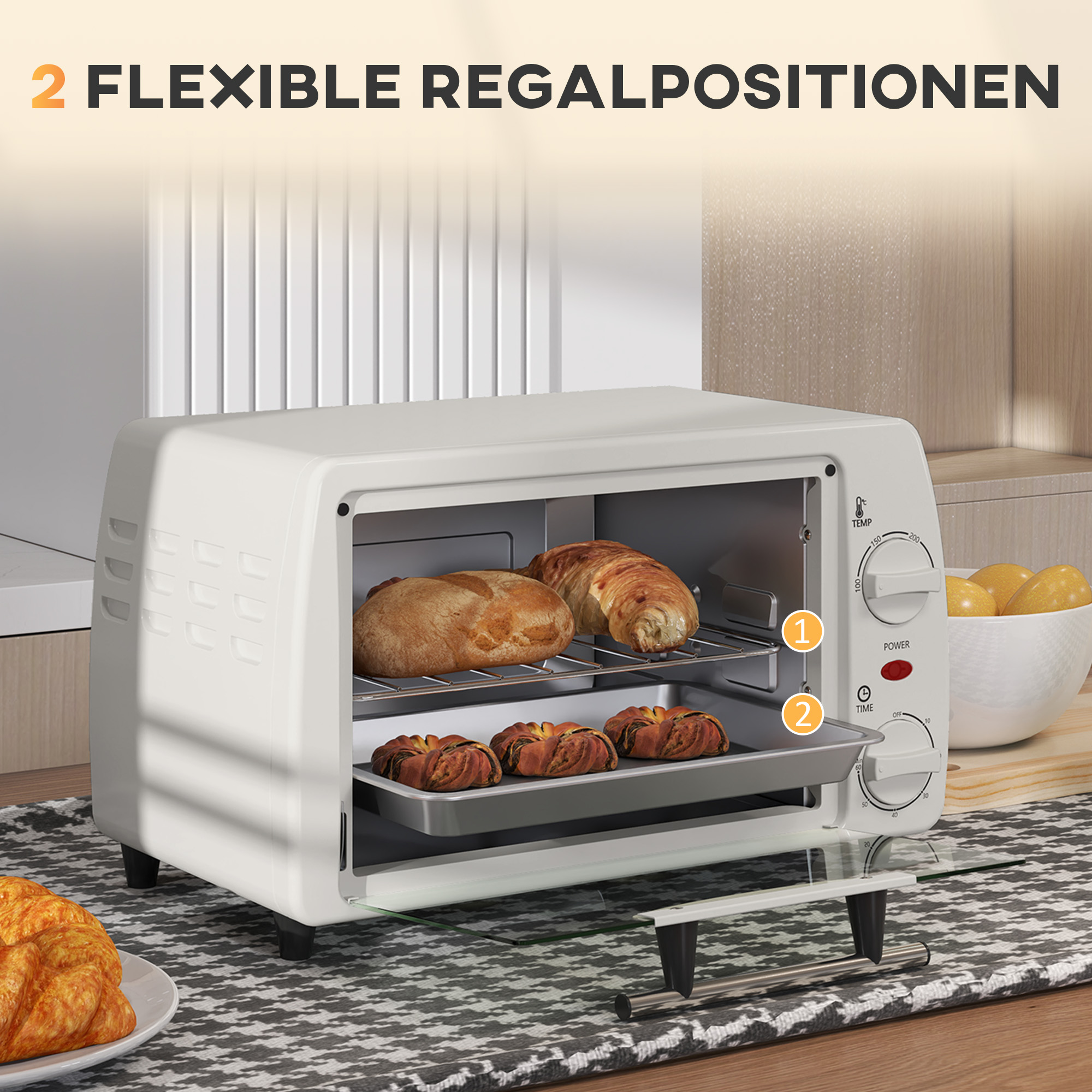 Miniahi/rösterahi, 1 küpsetusplaat, 1 grillrest, mahutavus 10 l, taimerifunktsioon, 36,5 cm x 26 cm x 22 cm, kreemvalge