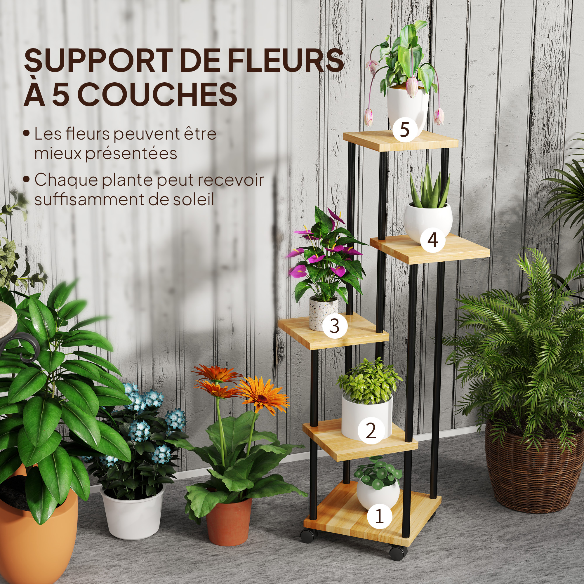 Outsunny Étagère à Plantes 5 Niveaux Sur Roulettes – Acier & Bois Sapin, Intérieur/Extérieur – Support Mobile Pour Jardin, Balcon, Salon (Bois Naturel)