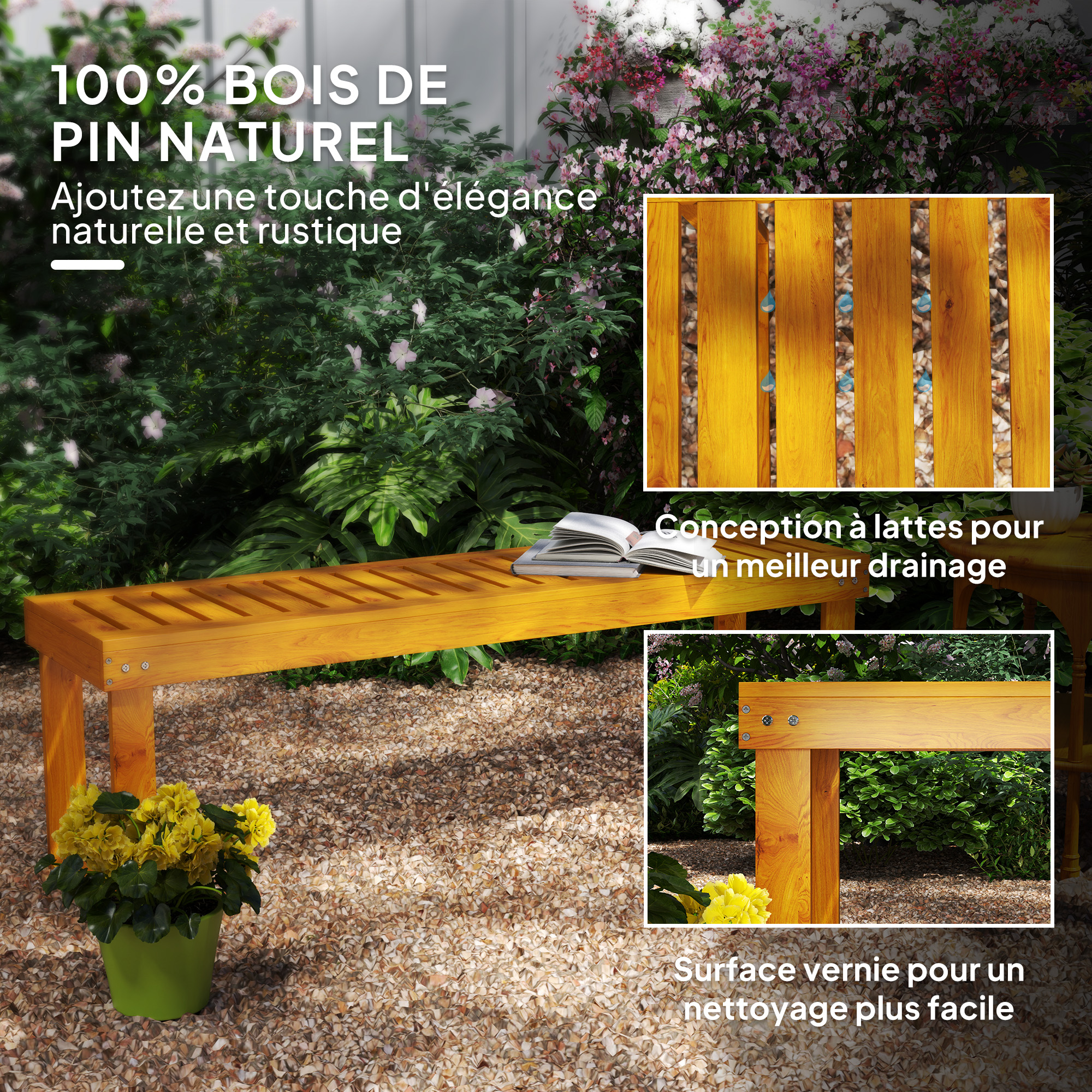 Banc Jardin 2 Places – Bois De Pin Massif Naturel – 132×34×43 Cm – Banquette Extérieure Lattes