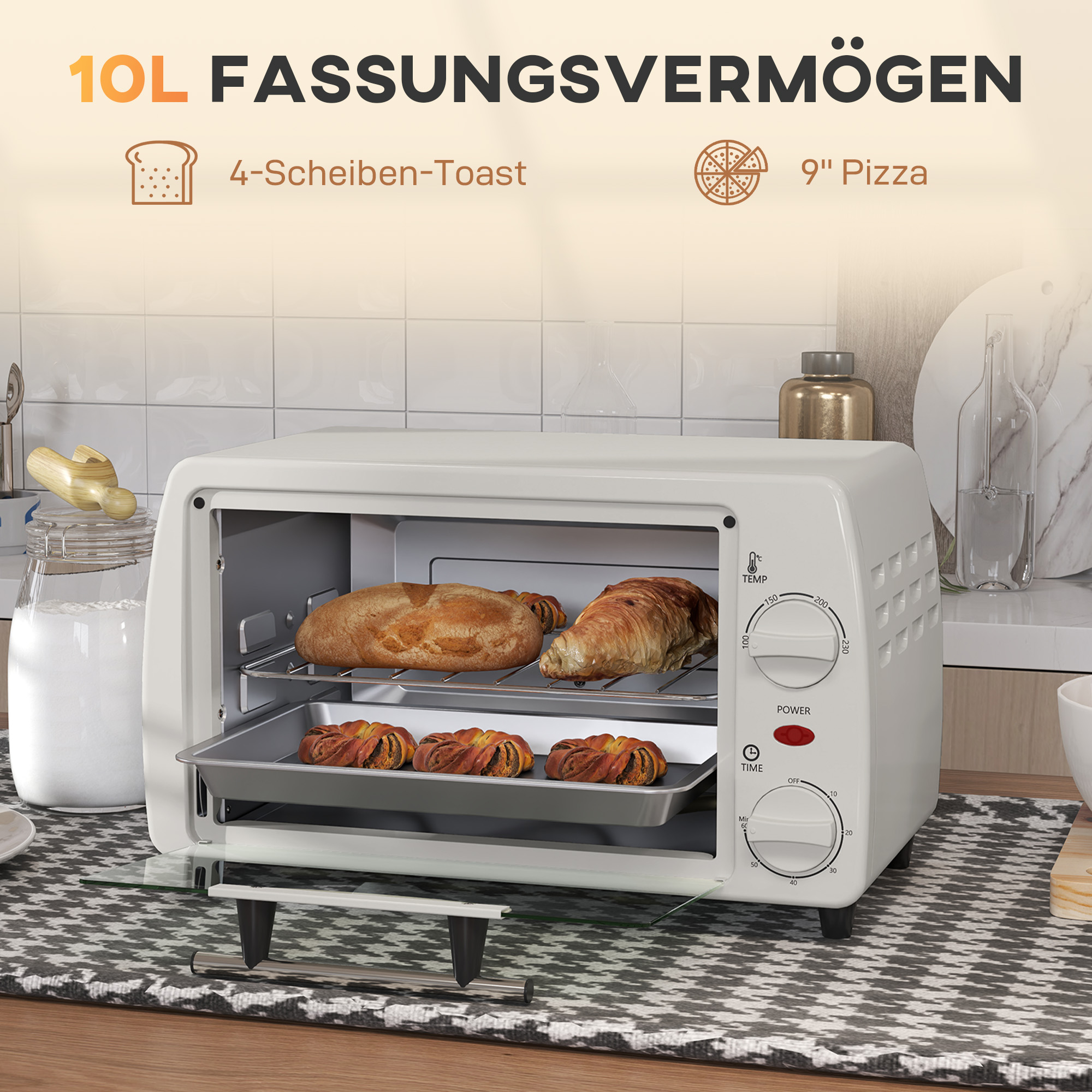 Miniahi/rösterahi, 1 küpsetusplaat, 1 grillrest, mahutavus 10 l, taimerifunktsioon, 36,5 cm x 26 cm x 22 cm, kreemvalge