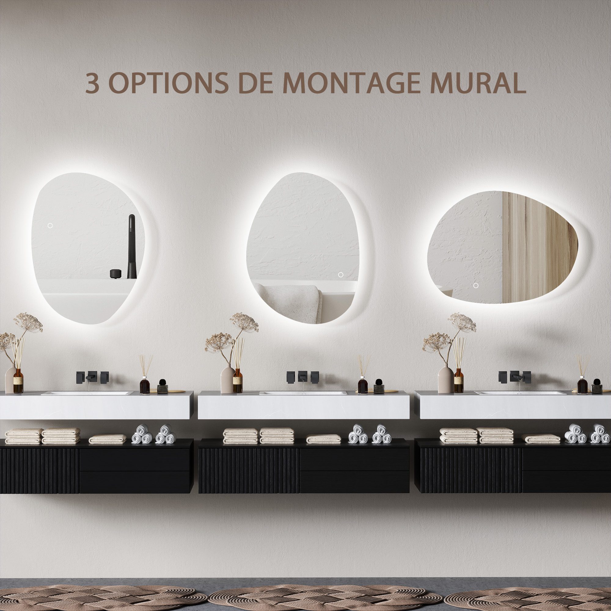 Miroir Salle De Bain LED Anti-buée 50x70 Cm - 3 Couleurs Lumière, Dimmable - Cadre Arqué Noir IP44