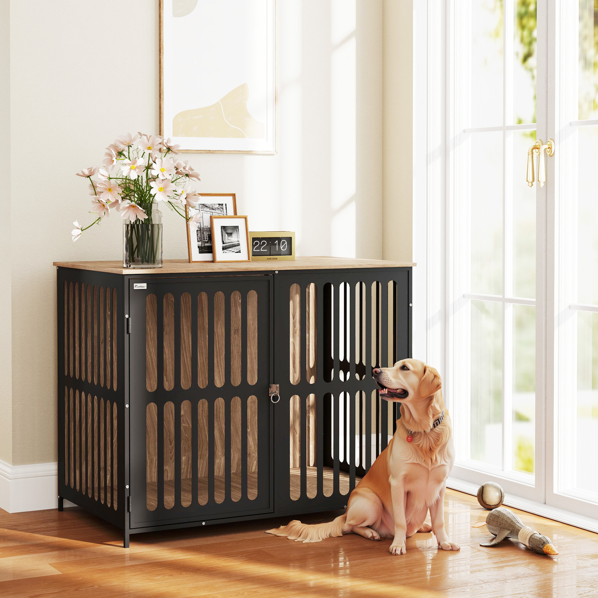 PawHut Dog Crate Furniture with Anti-Chew Resistant Mesh, Anti-Escape Single Door, for Large Dogs, 100 x 60 x 81.5 cm 2