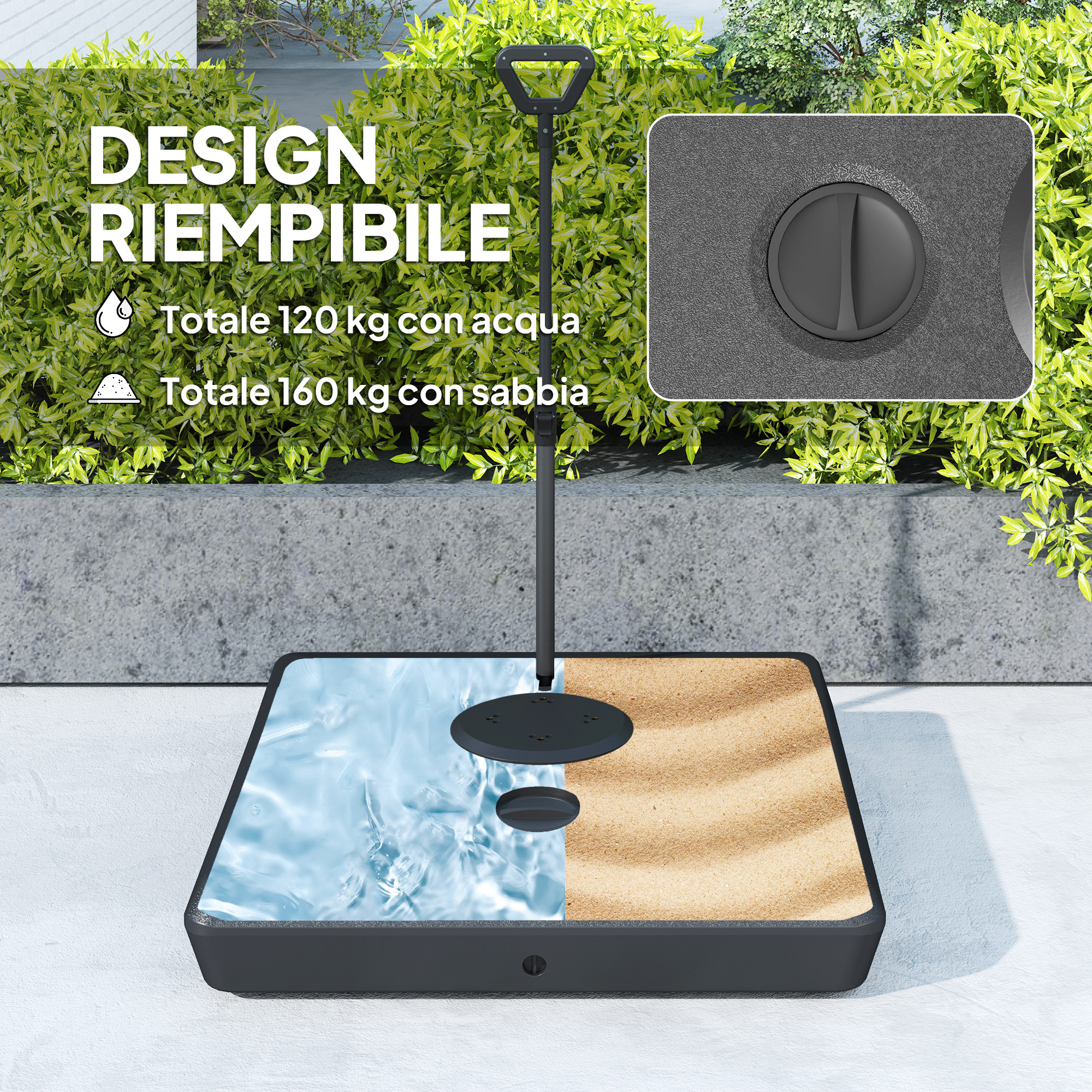 Supporto Per Ombrellone Outsunny 3 In 1 – Base Con Tavolino E Fioriera, Riempibile Con Sabbia Fino A 80 Kg, Ruote Per Mobilità, Diametro Palo 38/48 Mm