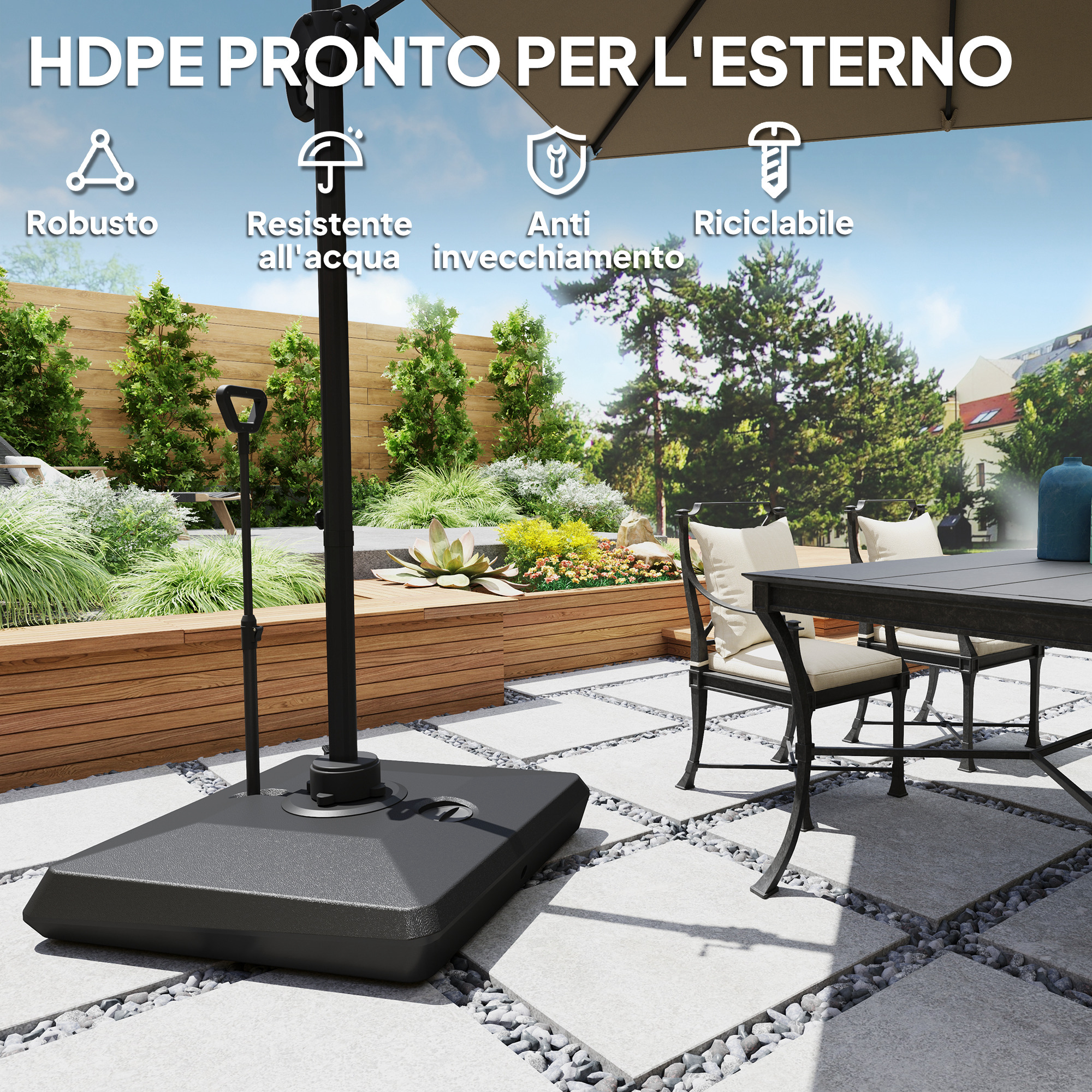 Set Supporto Per Ombrellone Da Esterno - Base In Acciaio Inox Con Manicotti PVC 32/38/48 Mm E Picchetti, Per Giardino E Balcone