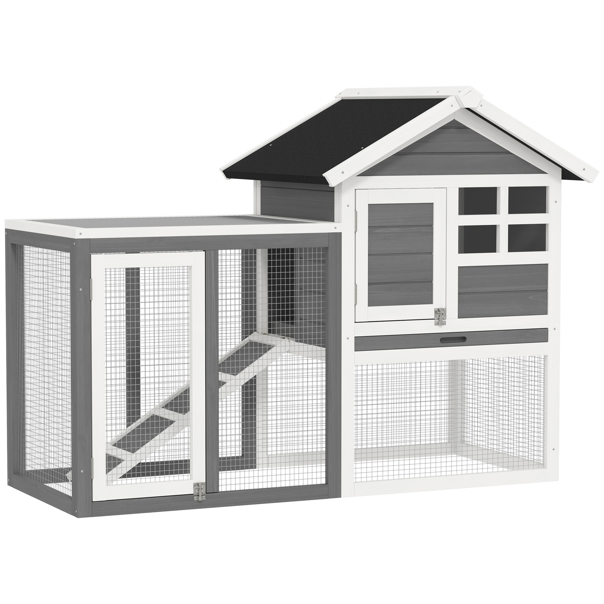 PawHut Clapier cage lapins multi-équipé niche supérieure avec rampe plateau excrément fenêtre enclos 2 portes gris Aosom France
