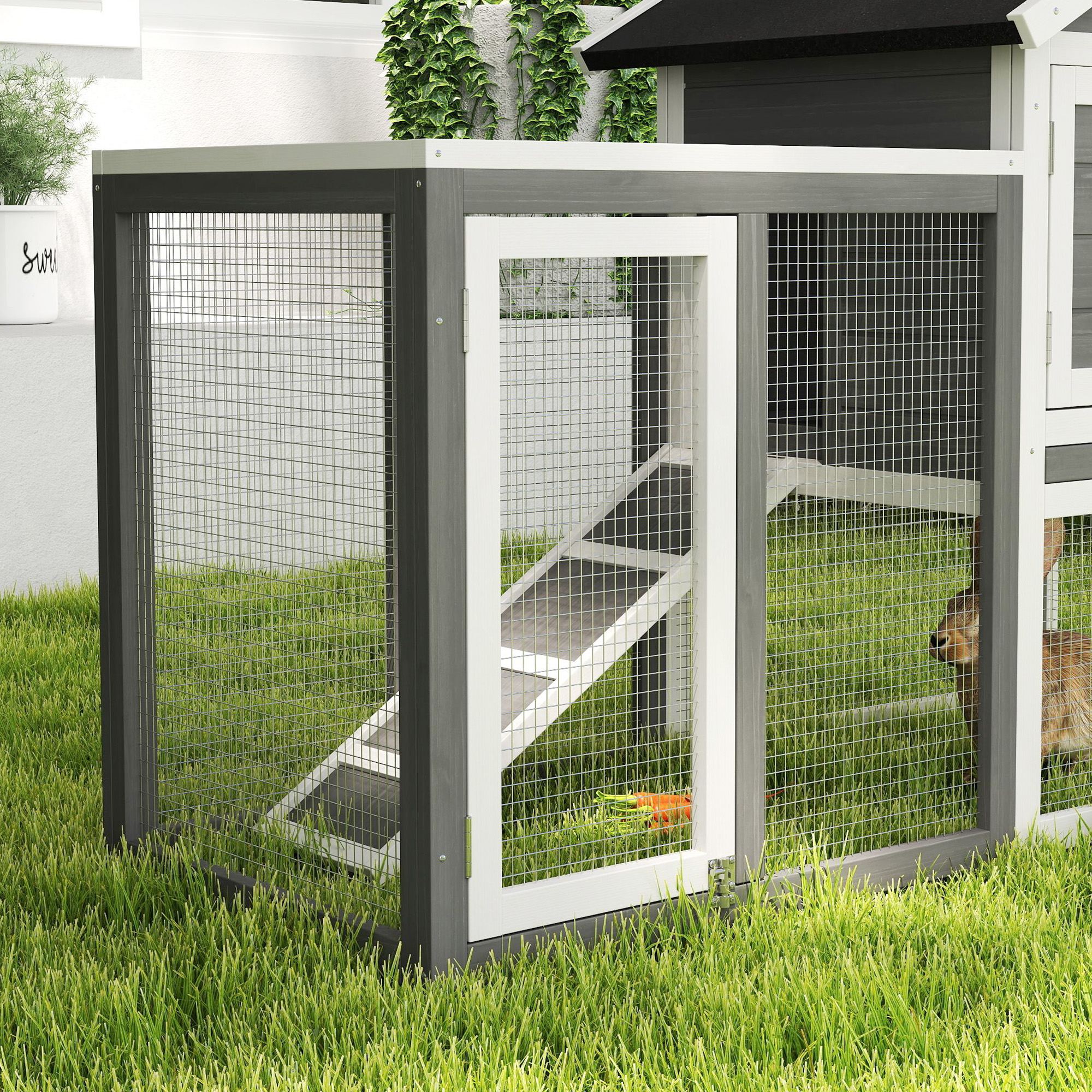 PawHut Rabbit Hutch Outdoor Wooden Guinea Pig Hutch Rabbit Run Bunny Cage Small Animal House Pull-Out Tray, Grey, 122 x 62.6 x 92 cm 8