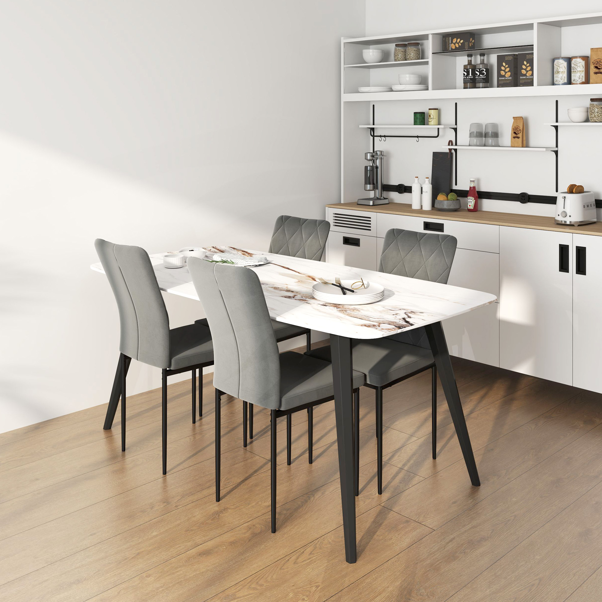 4 sametist välimusega söögitooli komplekt, modernsed polsterdatud toolid metalljalgadega, söögituppa, magamistuppa, kööki, hall