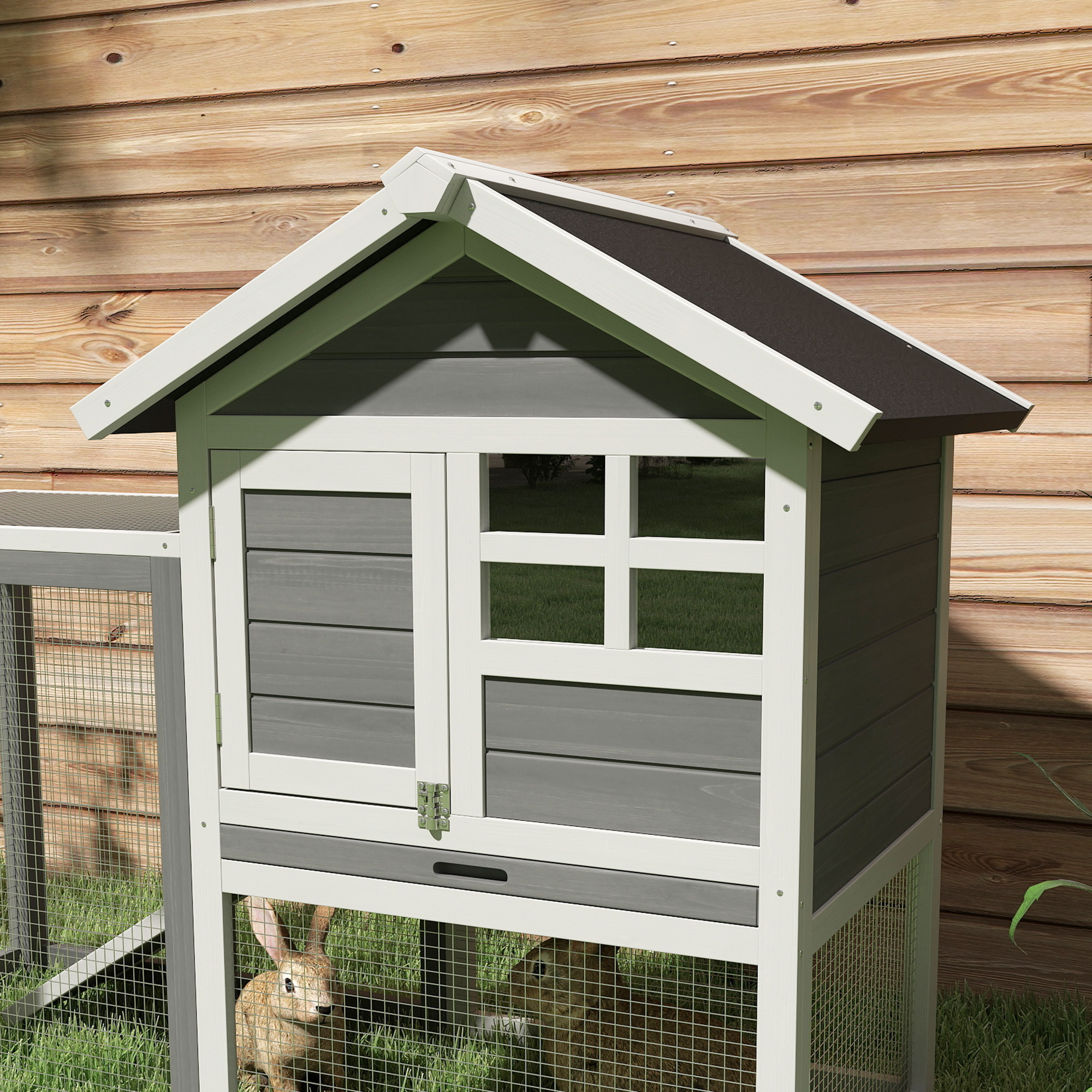 PawHut Rabbit Hutch Outdoor Wooden Guinea Pig Hutch Rabbit Run Bunny Cage Small Animal House Pull-Out Tray, Grey, 122 x 62.6 x 92 cm 9