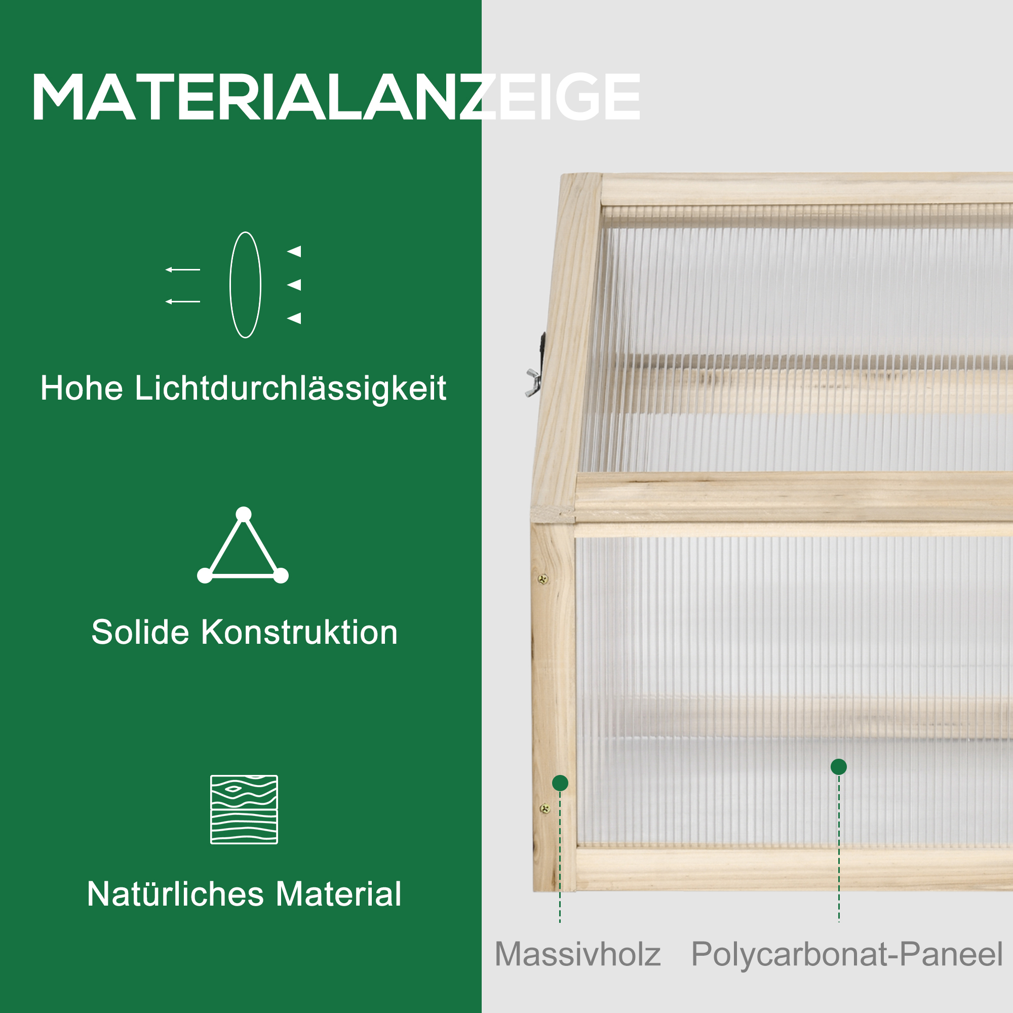 Minikasvuhoone, kompaktne puidust taimemaja, polükarbonaatpaneelid, ventilatsiooniava, 90P x 52L x 49,5K cm, naturaalne